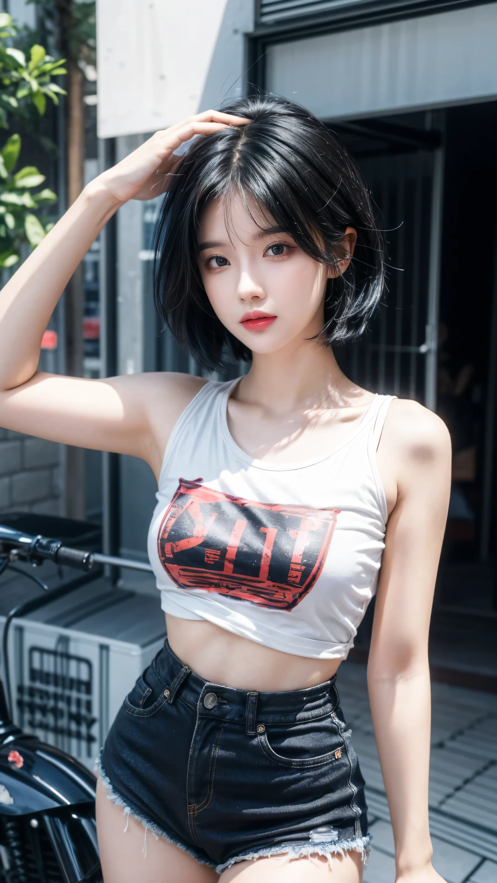 best quality, 1 Girl, dark blue hair, black eyes, Very short hair, Spiky hair, Tshirt and short, 171 cm, Messy hair, Hair between the eyes, Medium breasts, full, Tomboy, aldult, 20 years old, 1 Girl standing red motorcycle