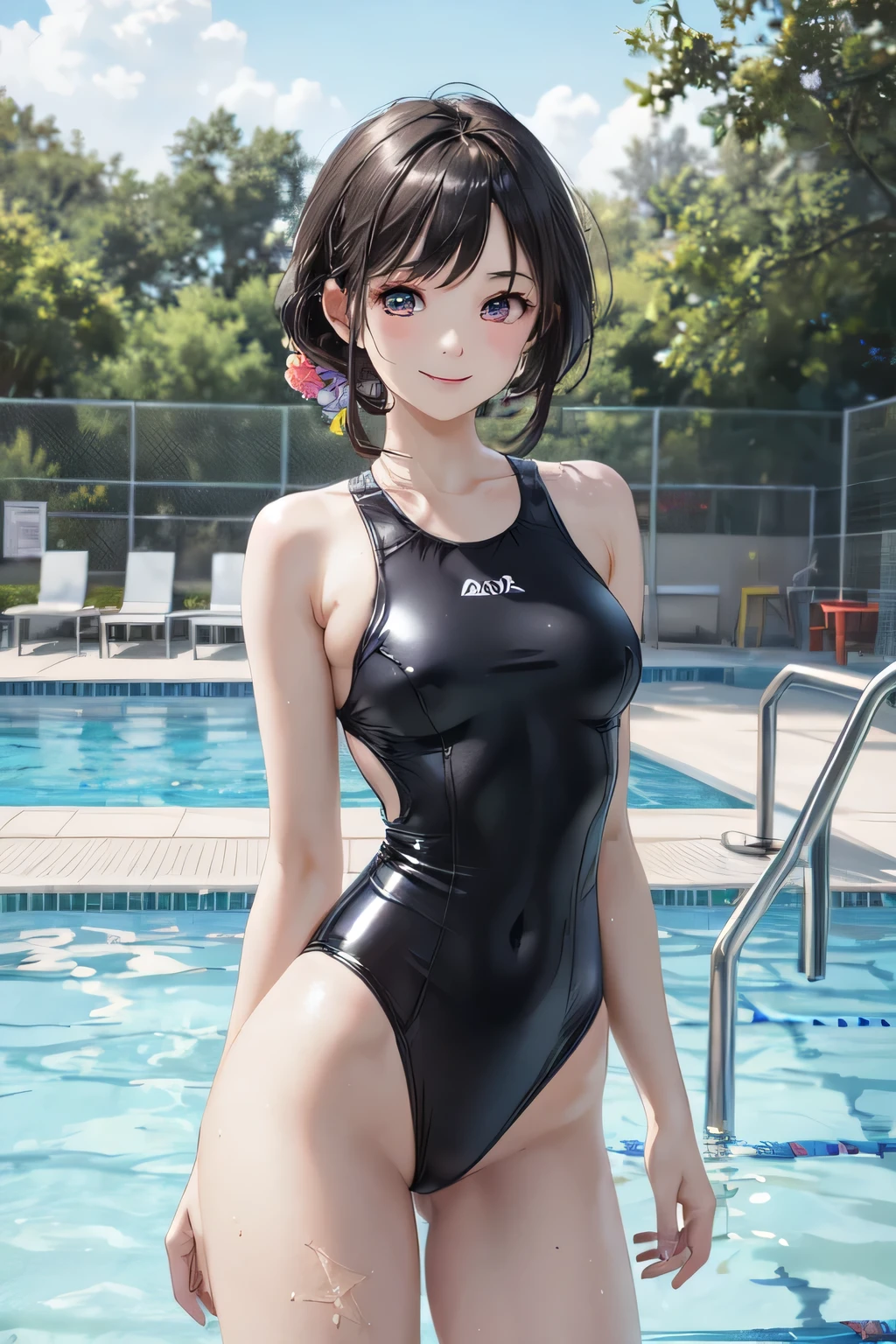 very cute and beautiful girl, (beautiful face and very detailed eyes), (transparent latex 1 piece swimsuit),
standing, at the edge of the swimming pool, small colorful flowers on the meadows,
(smile), looking at viewer, black hair, cowboy photo,
(best quality,masterpiece:1.0),absurd,high resolution,ultra-detailed,extremely detailed,32k,
cinematic scene,detailed background,single player,dynamic angle,
hair fluttering in the wind, beautiful detailed sky,