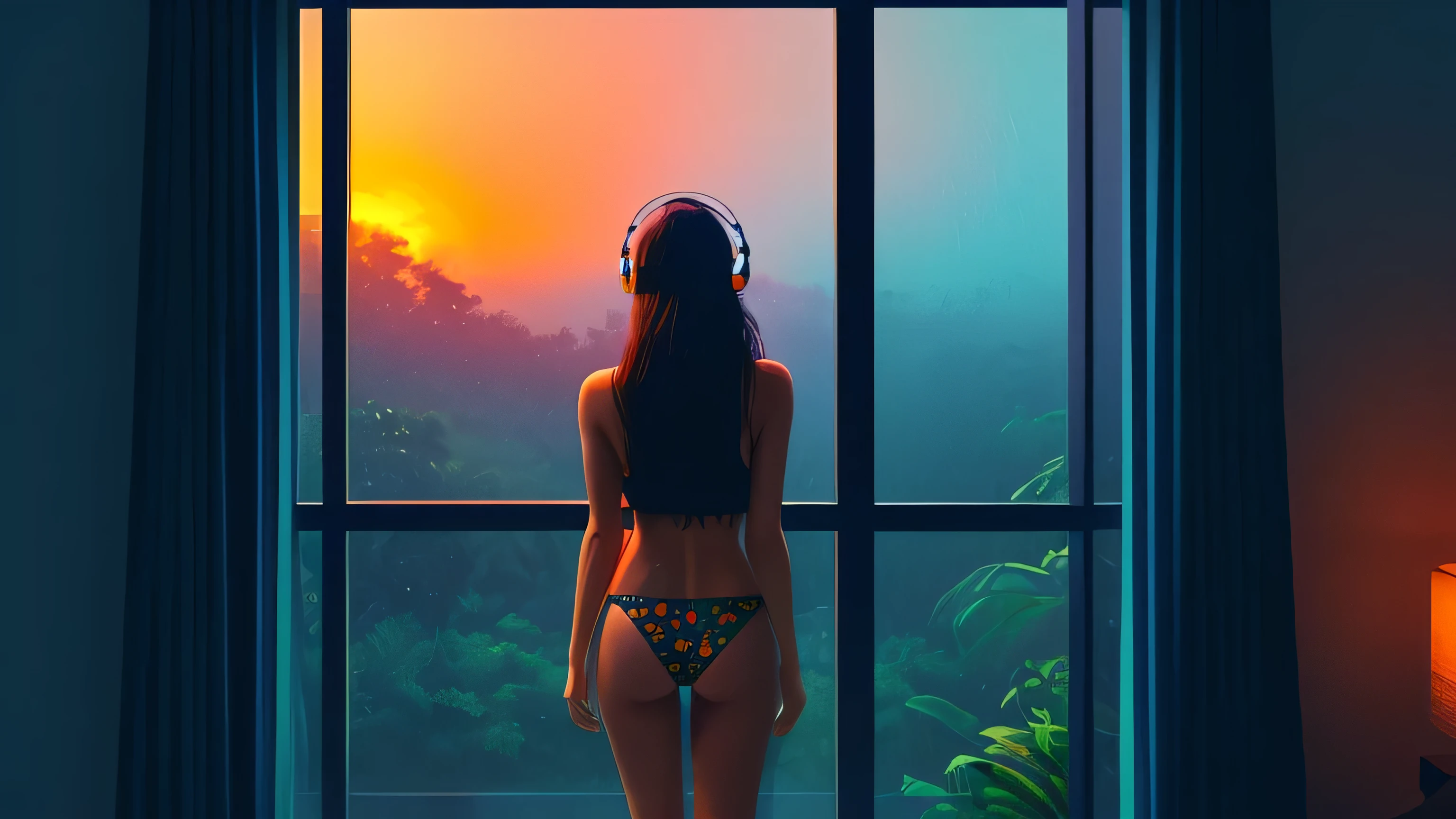 a woman standing in front of a window, looking out window, wearing bikini, junglescape background, wearing headphones, a digital painting inspired by Alena Aenami, pixiv, realism, rainy night. digital illustration, blurred and dreamy illustration, blues, blurry and dreamy illustration, artistic. lo-fi illustration style, sunrise