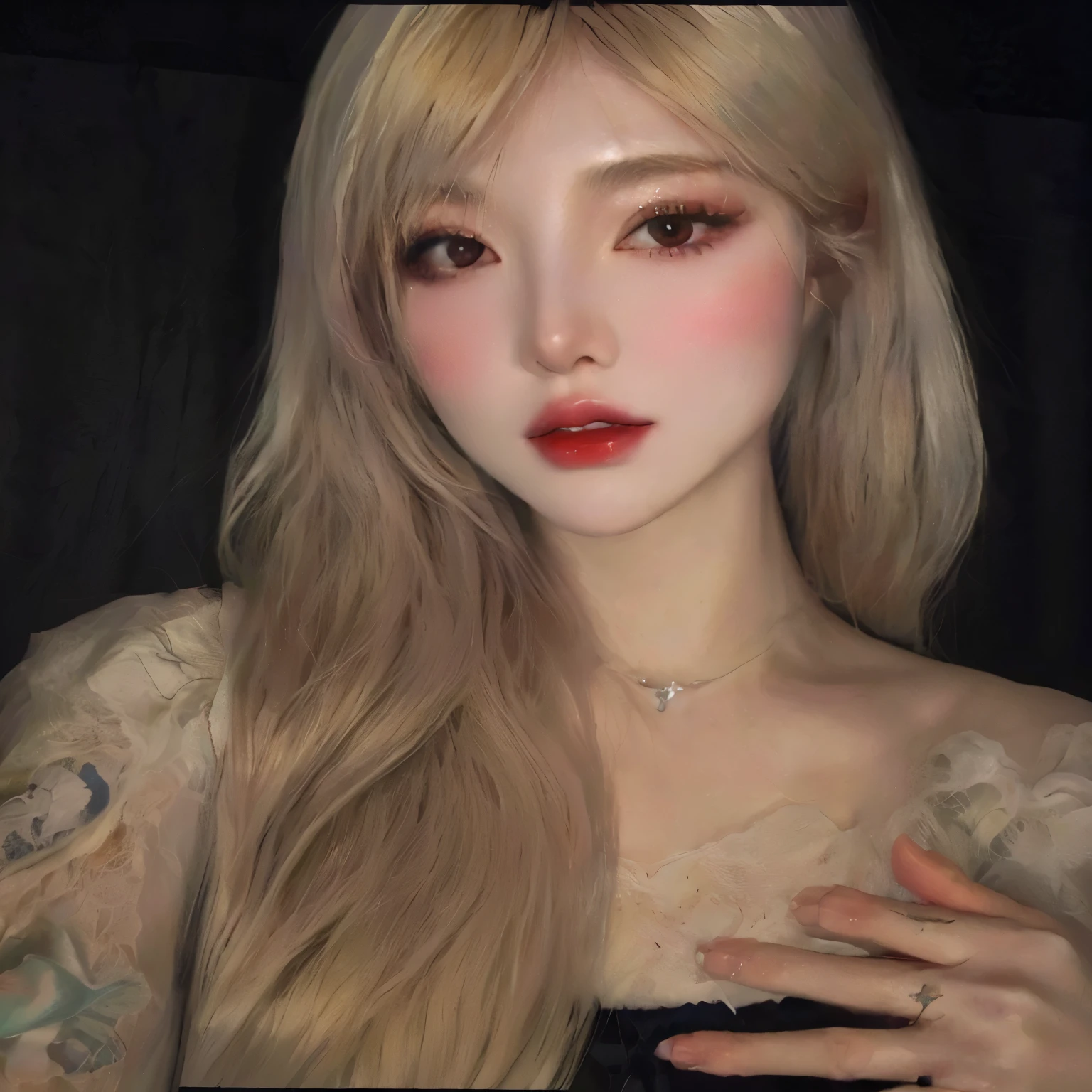 un primer plano de una mujer con cabello largo y rubio y labios rojos, pale porcelain white skin, maquillaje popular de corea del sur, ulzzang, cara sexy con maquillaje completo, pale milky white porcelain skin, Maquillaje coreano popular, muchacha coreana, pale round face, hermosa joven coreana, hermosa mujer surcoreana, extremely pale blonde hair, pale fur, sakimichan