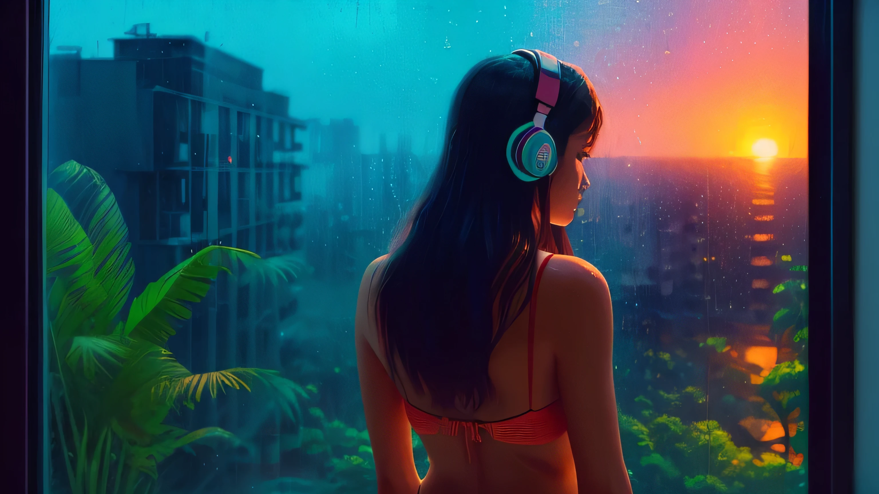 a woman standing in front of a window, looking out window, wearing bikini, junglescape background, wearing headphones, a digital painting inspired by Alena Aenami, pixiv, realism, rainy night. digital illustration, blurred and dreamy illustration, blues, blurry and dreamy illustration, artistic. lo-fi illustration style, sunrise