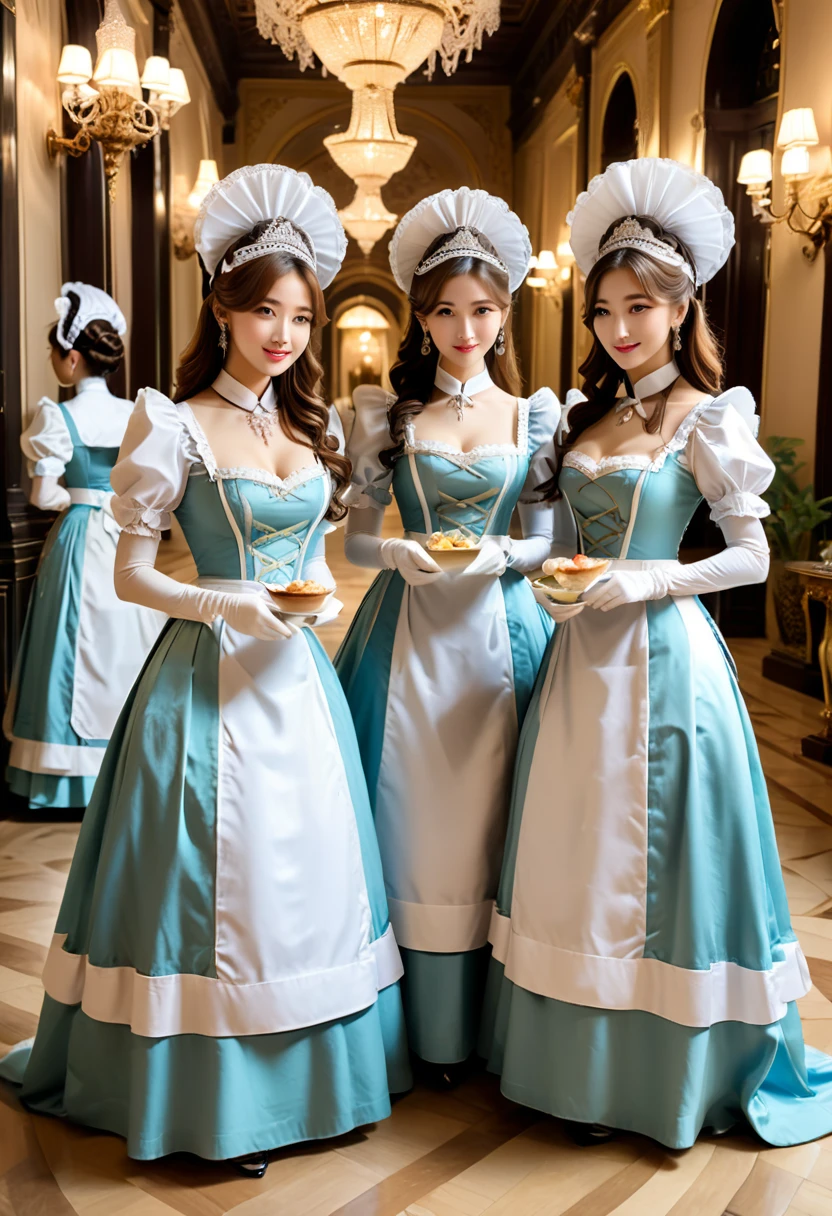 At a retro themed dinner , the maids changed into gorgeous palace style maid attire, with long skirts trailing the ground and complex hair accessories on their heads, shuttling between guests, delivering exquisite plates, as if time had flowed back to the European aristocratic banquets of the 19th century, (masterpiece, best quality, Professional, perfect composition, very aesthetic, absurdres, ultra-detailed, intricate details:1.3)