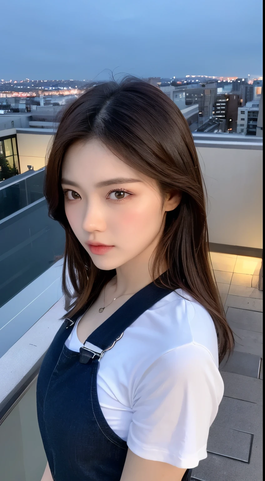 ((Middle of the night、beste-Qualit、8k、masterpiece:1.3)), All body in, the Long legs, sharp focus:1.2, Beautiful woman with perfect body shape:1.4, Slender Abs:1.1, ((dark brown hair、:1.2)), (White tight t-shirt、Jean Bib, is standing:1.2), ((Night City View、On the rooftop:1.3)), Highly detailed facial and skin texture, detailed eye, Double eyelids,Looks hot