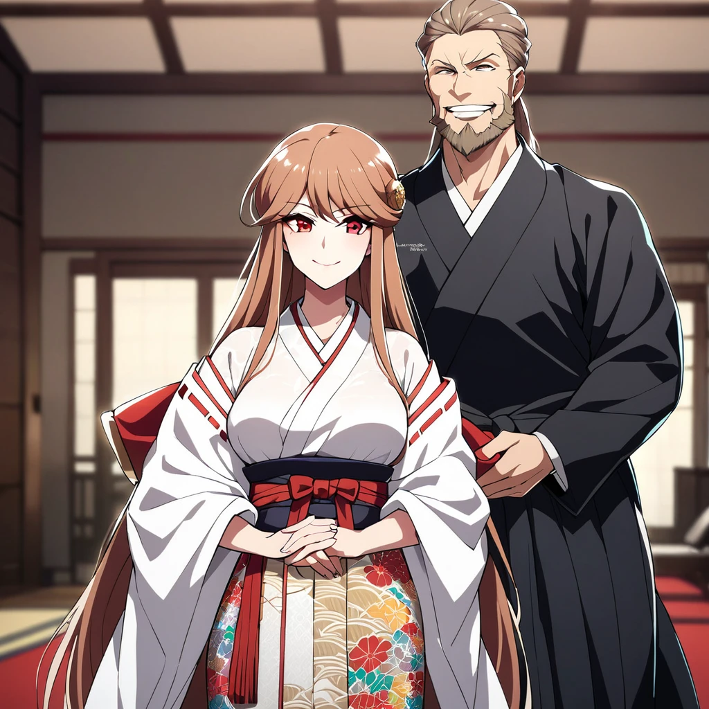 ((highest quality)), ((masterpiece)), (detailed), (Perfect Face)、(The woman is Princess Leona, with long, straight light brown hair, a slender figure but average breasts, a gentle smile, and is in a luxurious samurai mansion. She is the wife of Oda Nobunaga, and is wearing a gorgeous, brightly colored, patterned, and embroidered uchikake kimono befitting a wife, with her hair in a Japanese hairstyle, a gorgeous comb, and gorgeous accessories from the Edo period.)、The man and woman are close together, the husband is 60 and the wife is 32.、The man is Oda Nobunaga, a dignified man with a beard, wearing a formal crested hakama.
