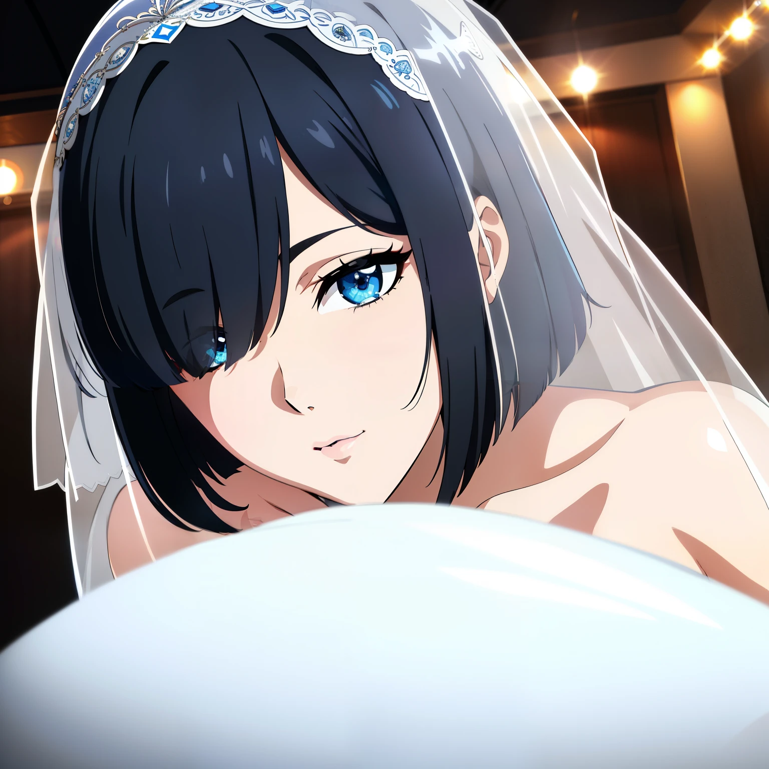(best quality:1.5, highres, UHD, 4K, detailed lighting, shaders), black hair, bob cut, hair covering one eye, cool woman, cool girl, sharp eyes, blue eyes, beautiful, wedding background, wedding dress, (pov, close shot)