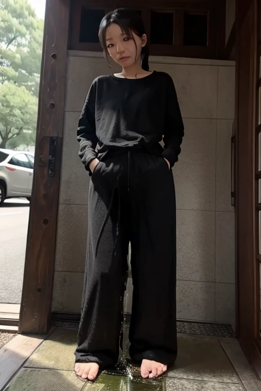 Japanese Girl sees the ghost and pees her black palazzo pants until her pants are wet in fright.