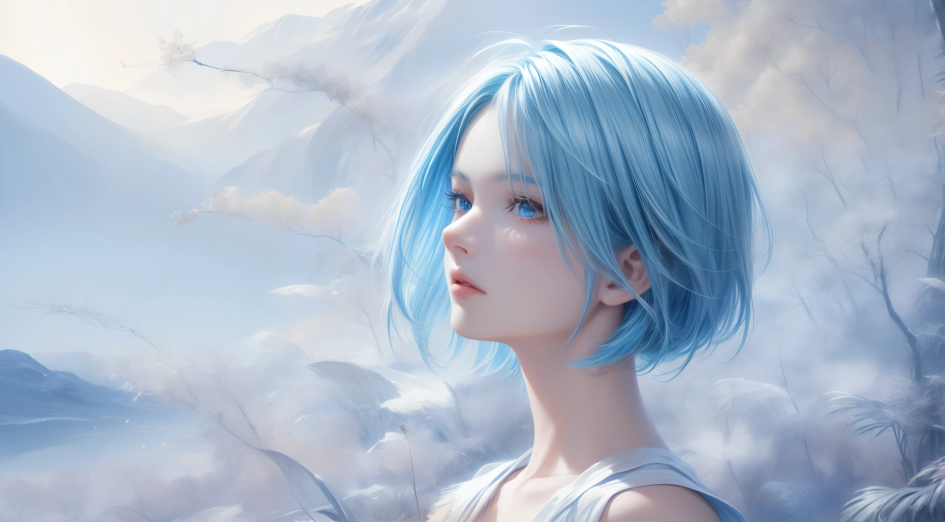 high quality,1 girl,short hair, Super detailed CG illustration of a young man with a calm expression, Stare into the distance,His striking light blue hair blew gently in the desert breeze. The landscape behind him is vast and stunning, Taking viewers into a world of wonder and discovery.More ideas