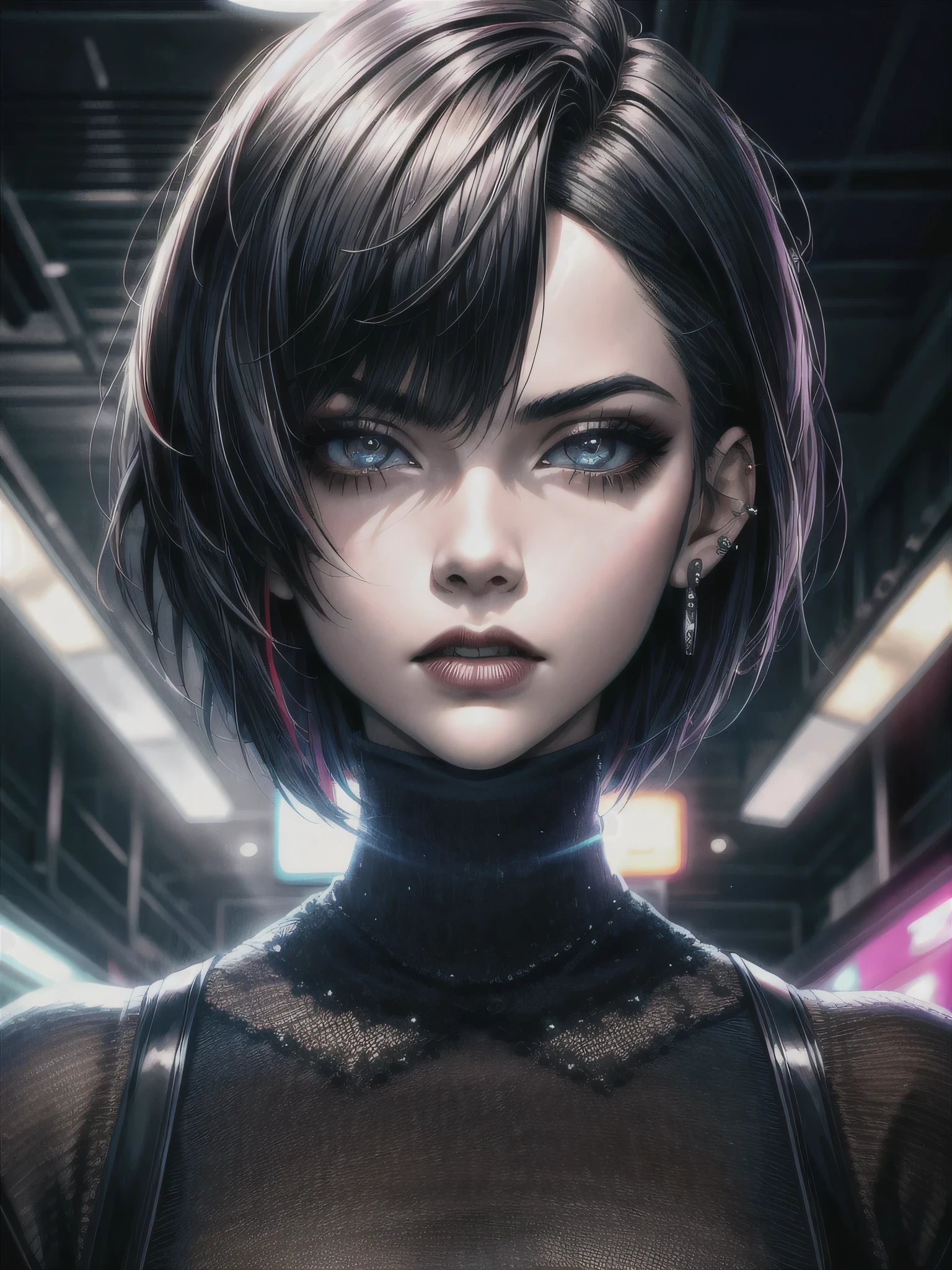 cinematic portrait of a dominating young woman with a badass expression, short bob haircut, piercing eyes, chiseled facial features, highly detailed, 8k, photorealistic, dramatic lighting, cinematic composition, colorful sci-fi background, neon lights, moody atmosphere