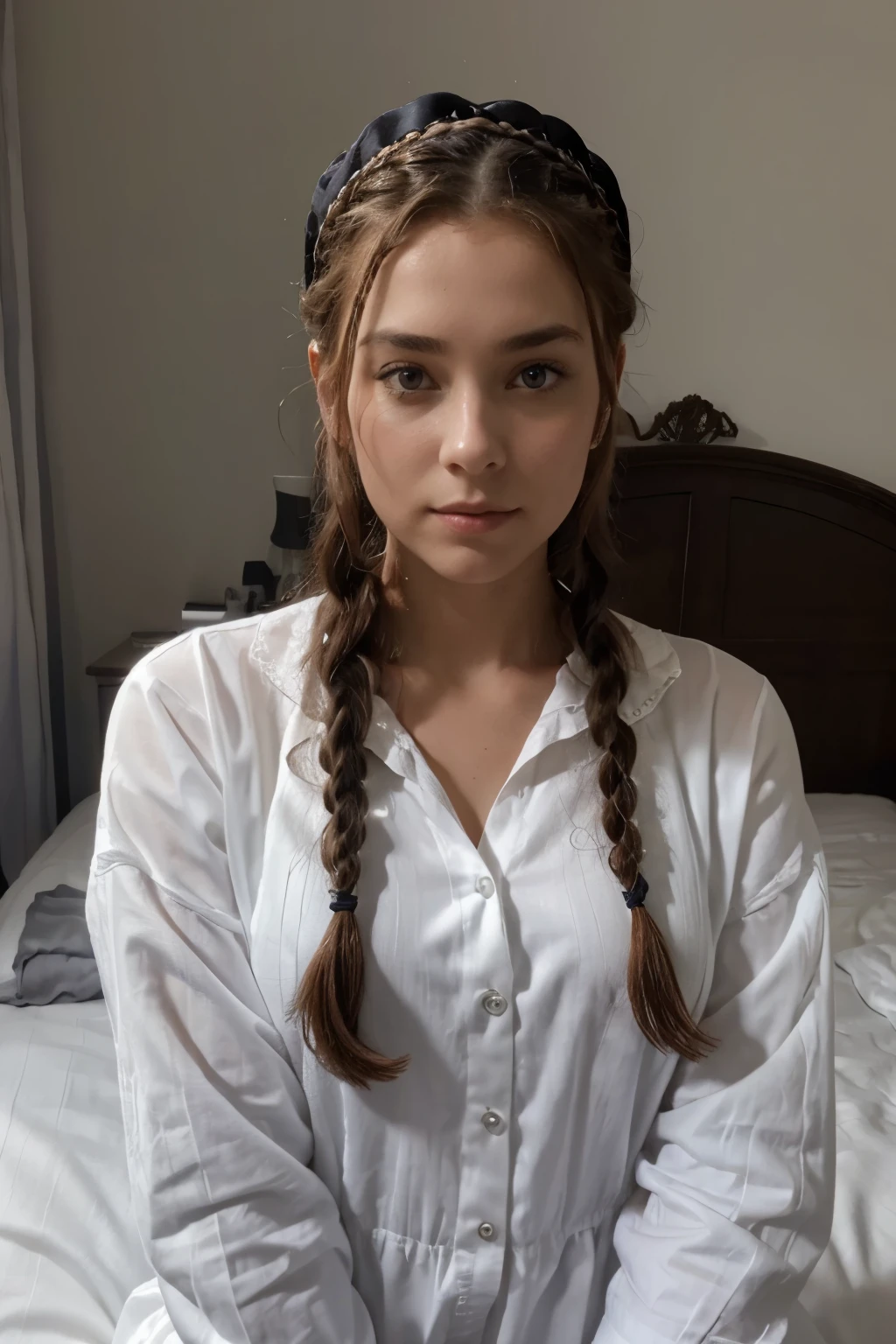 Auburn Crown Braided Hair, regard aimant, Bedroom, uniforme de femme de chambre française à froufrous noir et blanc, bonnet de femme de chambre, tour de cou en satin noir