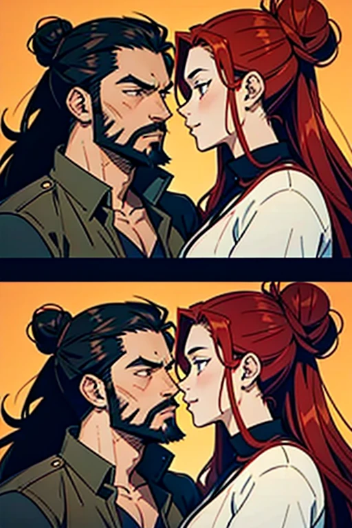 Girl with black hair in a bun kissing a guy with long red hair and a red beard , manga page with panels and dialogue