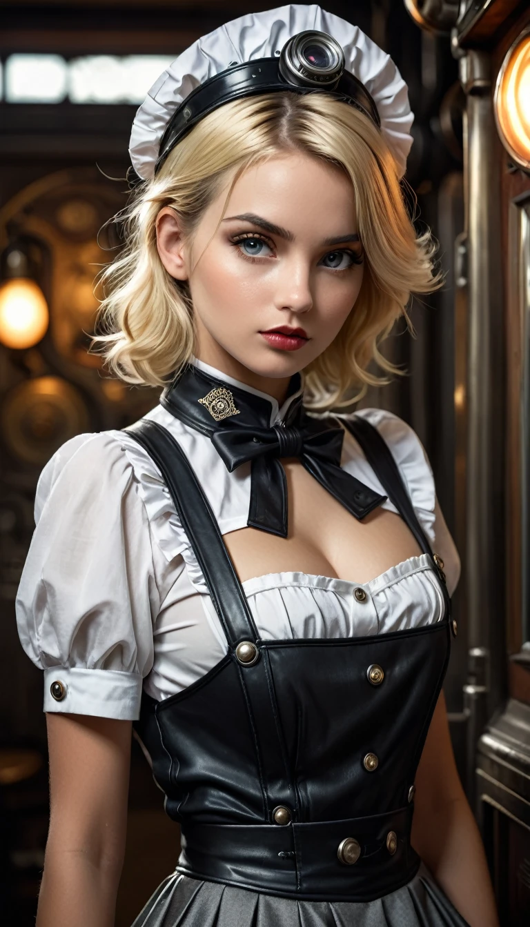 a blonde woman, with dieselpunk maid clothes, modelshoot style, (extremely detailed CG 8k wallpaper unit), full body shot, photo of the most beautiful art in the world, majestic professional (photography by Steve McCurry), 8k uhd, dslr, soft lighting, high quality, film grain, Fujifilm XT3 sharp focus, f 5.6, high detail, sharp focus, dramatic, (wearing diselpunk clothing), (looking at the viewer:1.2),  (natural light), (seductive)