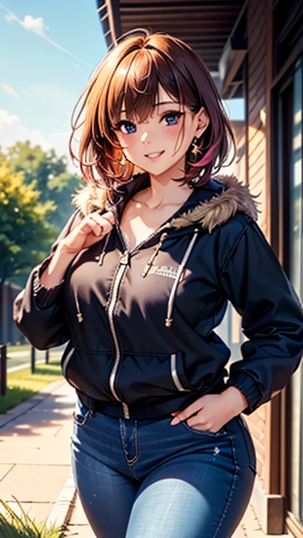 A girl is posing for a photo, cute女の子, Enchanting girl, Anime Girls,
(Pink Hair, Hair fluttering、Outside jump short、Very short hair), (Red eyes, Very droopy eyes), break
(((A thick parka with a flashy design、Black distressed jeans、sneakers)))、Put sunglasses on your forehead、Loop Earrings、
(((highest quality)), ((masterpiece)), (Very detailed), (High resolution), (Beautiful detailed sparkle), (High detail), (Anatomically correct)), ((Realistic)), ((The best CG)), Ultra-detailed art, CG illustration, 16k, 1080P, Oil paints:1.2,
(((One Girl))),
(Symmetrical facial features, Perfect Face), Beautiful clavicle, (Beautiful fingers), (Beautiful breasts, (Ccup)),
Beautiful body, Beautiful thighs, Beautiful feet, Perfect round butt, (((Detailed skin, Oily skin, Textured skin, Beautiful Skin))),
(((Baby Face, cute, ))), Double eyelids, Long eyelashes,
(Expression of fine eyes, Beautiful and delicate eyes, Sparkling eyes, Eye Reflexes),
(Beautiful Nose,Thin Nose),
(Glossy Lips, Beautiful Lips, thick lips),
(Beautiful Hair, Shiny Hair, Shiny Hair)),
(Wicked Smile),
BREAK
(noon、(Ground、grass)), ((Walking、Cowboy Shot))