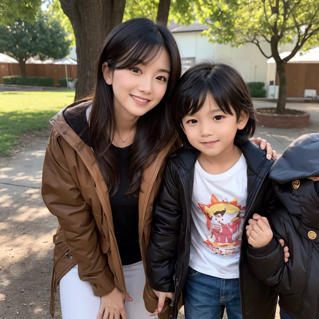 highest quality，masterpiece，超A high resolution，Perfect Anatomy,（Faithfulness：1.4），RAW Photos，smile，Children of short-haired boys，Woman with long hair and 2 year old boy with short hair，a woman and small boy, Mom and short-haired son,Gorgeous Mother And Smiley Boy,（Big tree々Parks with）(((Big treeの後ろに隠れている母)))、(hide and seek）Cowboy Shot,Cinema Lighting，Fashion model parents，Adorable，, (Browsing Caution:1.2)、(Black-haired baby looking for his mother)、(Long-haired mom and short-haired son)、（Mother in a black jacket and son in a brown jacket）
