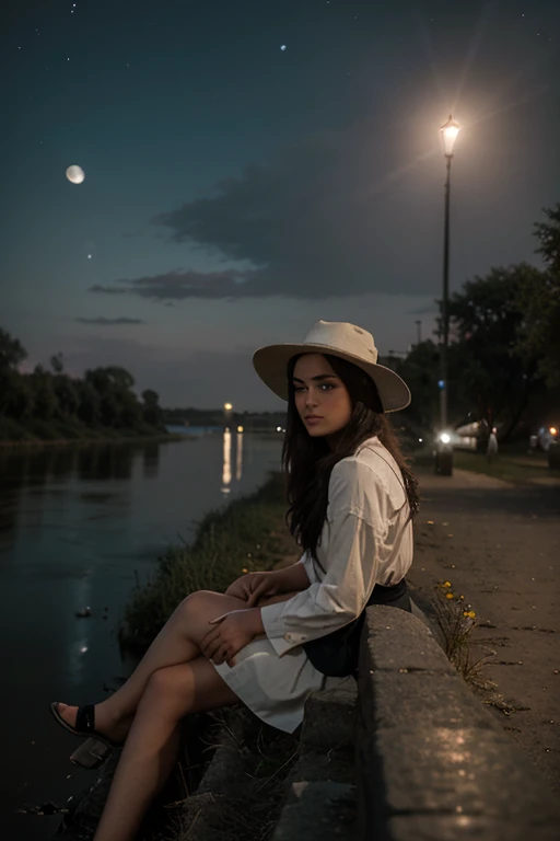 a beautiful girl, on the bank of river, egerly waiting for someone, while wind blows her hat, cinematic view::3 old photograph::3 dusk::3 moonlight::3 dslr::3  --aspect 16:9 --version 2 --quality .5 --stylize 10 