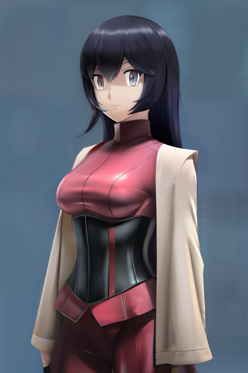 Generate an illustration of a mature Sabrina, gym leader of pokemon, (large shoulder pads), black gloves, hairband, holding a poke ball, dark hair, long straight hair, hair flows straight down, Red outfit in anime format with a serious style, black corset, black boots, gothic make up, masterpiece, dark lighting, black background,animatronic, robot joints, slendered abs, beautiful face,