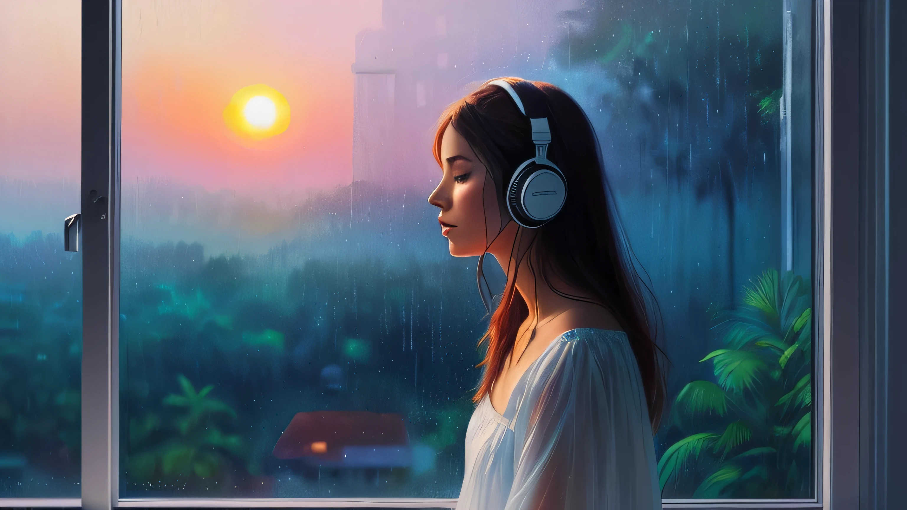 a woman sitting in front of a window, looking out window, wearing a white dress, junglescape background, wearing headphones, a digital painting inspired by Alena Aenami, pixiv, realism, rainy night. digital illustration, blurred and dreamy illustration, blues, blurry and dreamy illustration, artistic. lo-fi illustration style, sunset