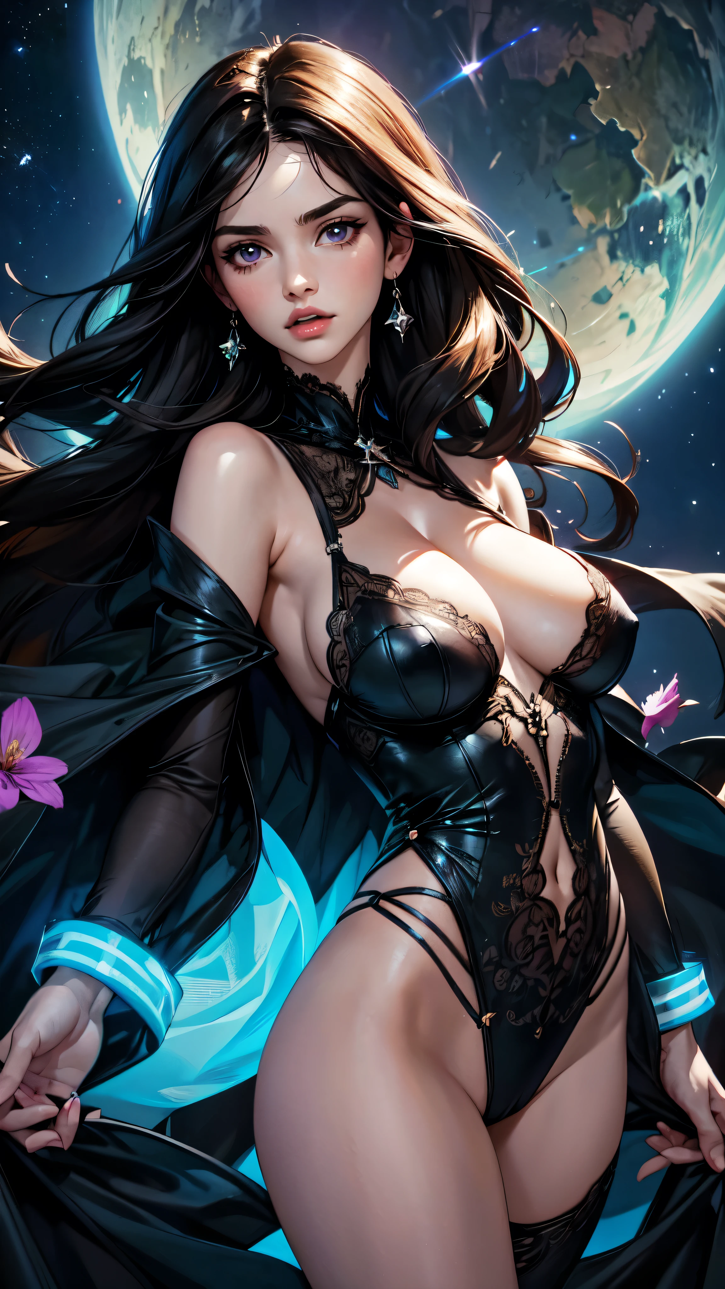 High resolution CG image with a beautiful woman with long black hair with bright violet eyes like detailed constellations, retratados em detalhes fascinantes. rosto delicado, lips closed, boca fechada (Dutch angle), rosto avermelhado, His delicate body is accurately represented at every angle. Ela possui longos cabelos preto que caem suavemente sobre seu vestido. The upper part of his body is sculpted to perfection. " detailed face, detailed eyes, full body, neon colors, background is full of stars and flowers