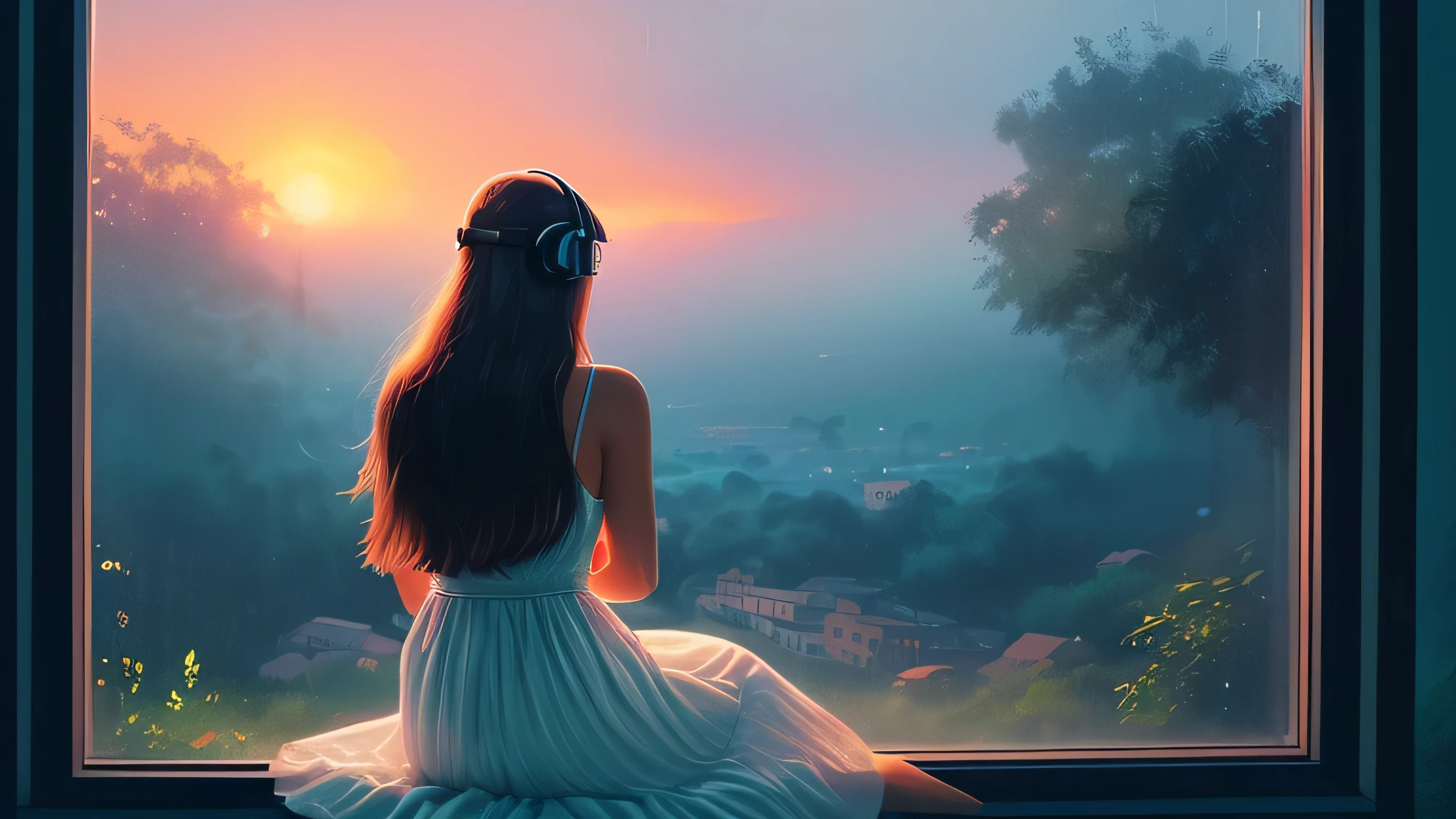 a woman sitting in front of a window, looking out window, wearing a white dress, junglescape background, wearing headphones, a digital painting inspired by Alena Aenami, pixiv, realism, rainy night. digital illustration, blurred and dreamy illustration, blues, blurry and dreamy illustration, artistic. lo-fi illustration style, sunset