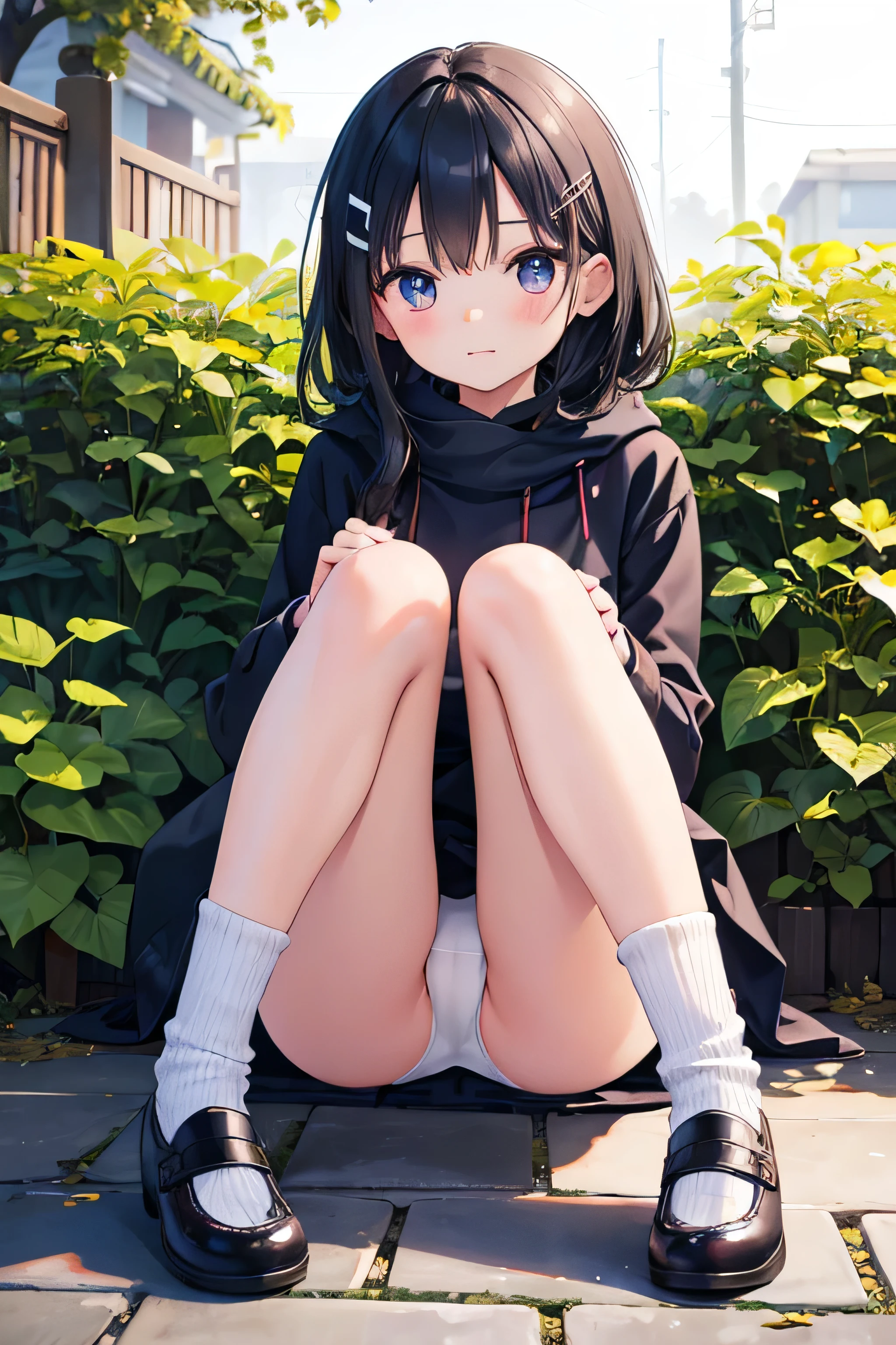 Best Quality, Highly Detailed, nsfw,8k,Japanese,,Innocent face,Teenage Girle,Winter clothes,Casual wear,Sitting,Black Hair,garden,Hair Clip,White panties,With legs apart