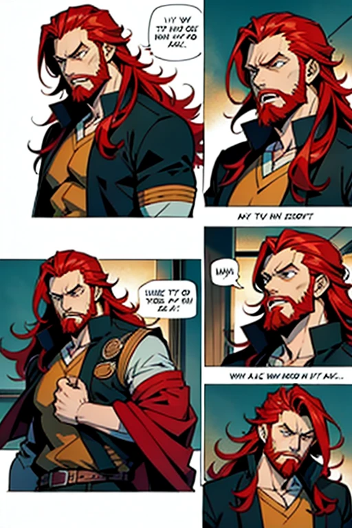 Anime guy with long red hair and beard fighting and getting hit, action shots and detailed expressions, manga page with panels and dialogue 