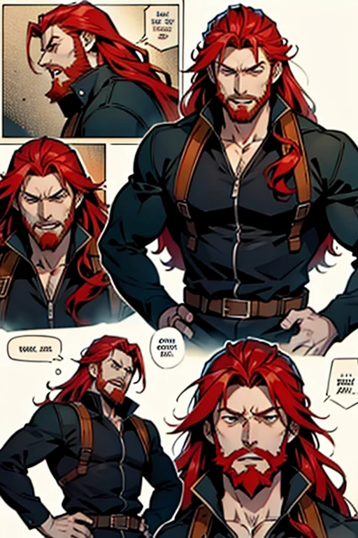 Guy with long red hair and a red beard yelling , manga page with panels and dialogue