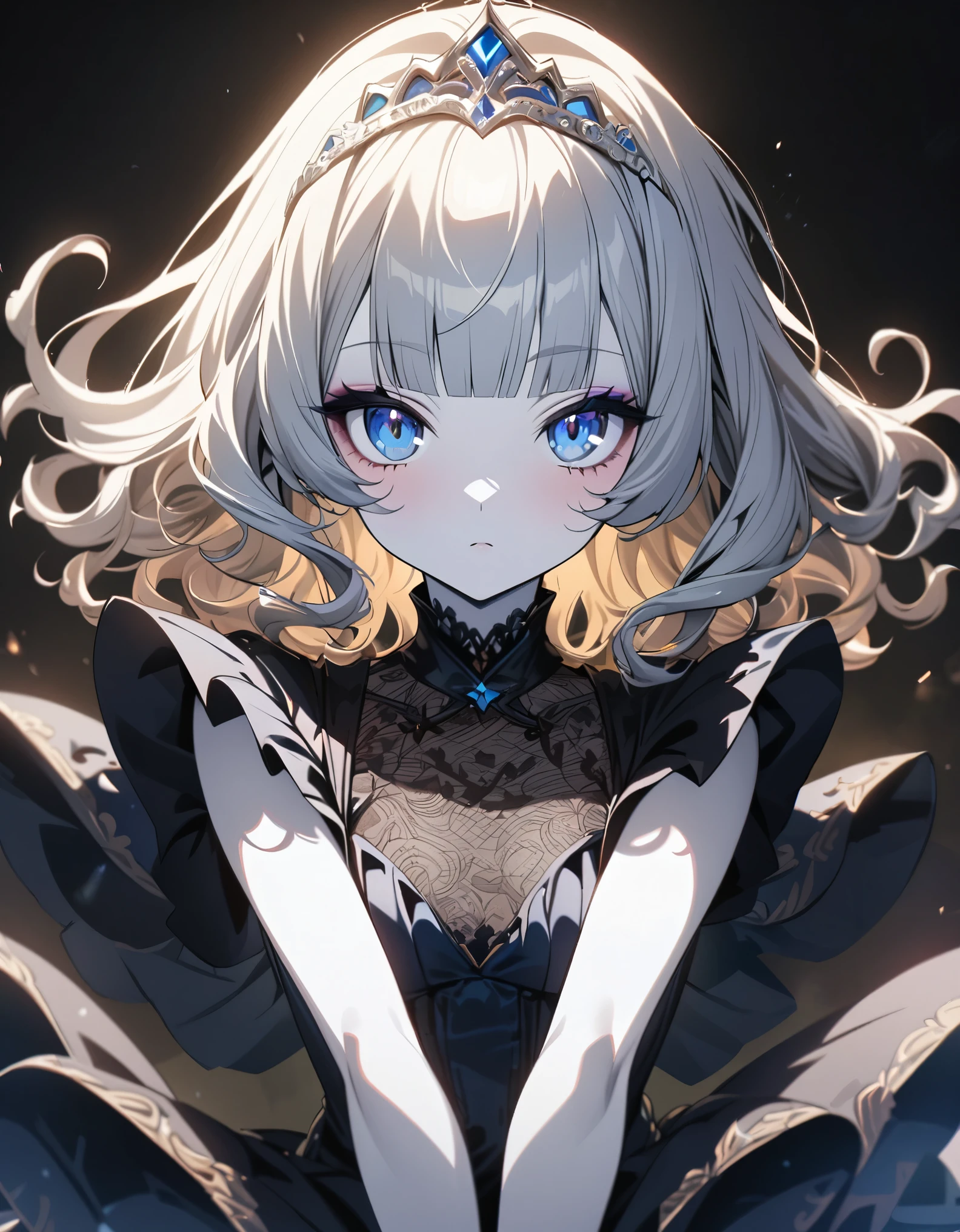masterpiece, highest quality, Very detailed, High resolution, Japanese anime,One girl, (White skin:1.2), Golden Hair, (short hair:1.4), (Blunt bangs:1.3), Curly Hair, Wavy Hair, Drill Hair, (eyelash:1.3), (eye shadow:1.3), (blue eyes:1.5), (Beautiful fine details:1.4), Eyes half closed, Height: 130cm, original character, Fantasy, (Black background:1.2), Beautiful fingers, Are standing, (Lace Ruffled Dresses:1.5), (tiara:1.5) , Shoot from the front, View Viewer