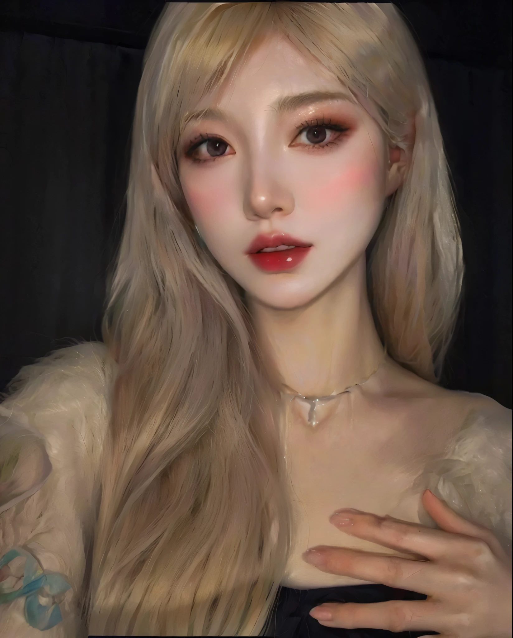 un primer plano de una mujer con cabello largo y rubio y labios rojos, pale porcelain white skin, maquillaje popular de corea del sur, ulzzang, cara sexy con maquillaje completo, pale milky white porcelain skin, Maquillaje coreano popular, muchacha coreana, pale round face, hermosa joven coreana, hermosa mujer surcoreana, extremely pale blonde hair, pale fur, sakimichan