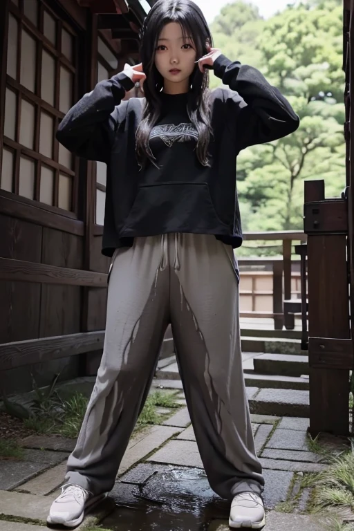 Japanese Girl sees the ghost and pees her dark gray palazzo pants until her pants are wet in fright.