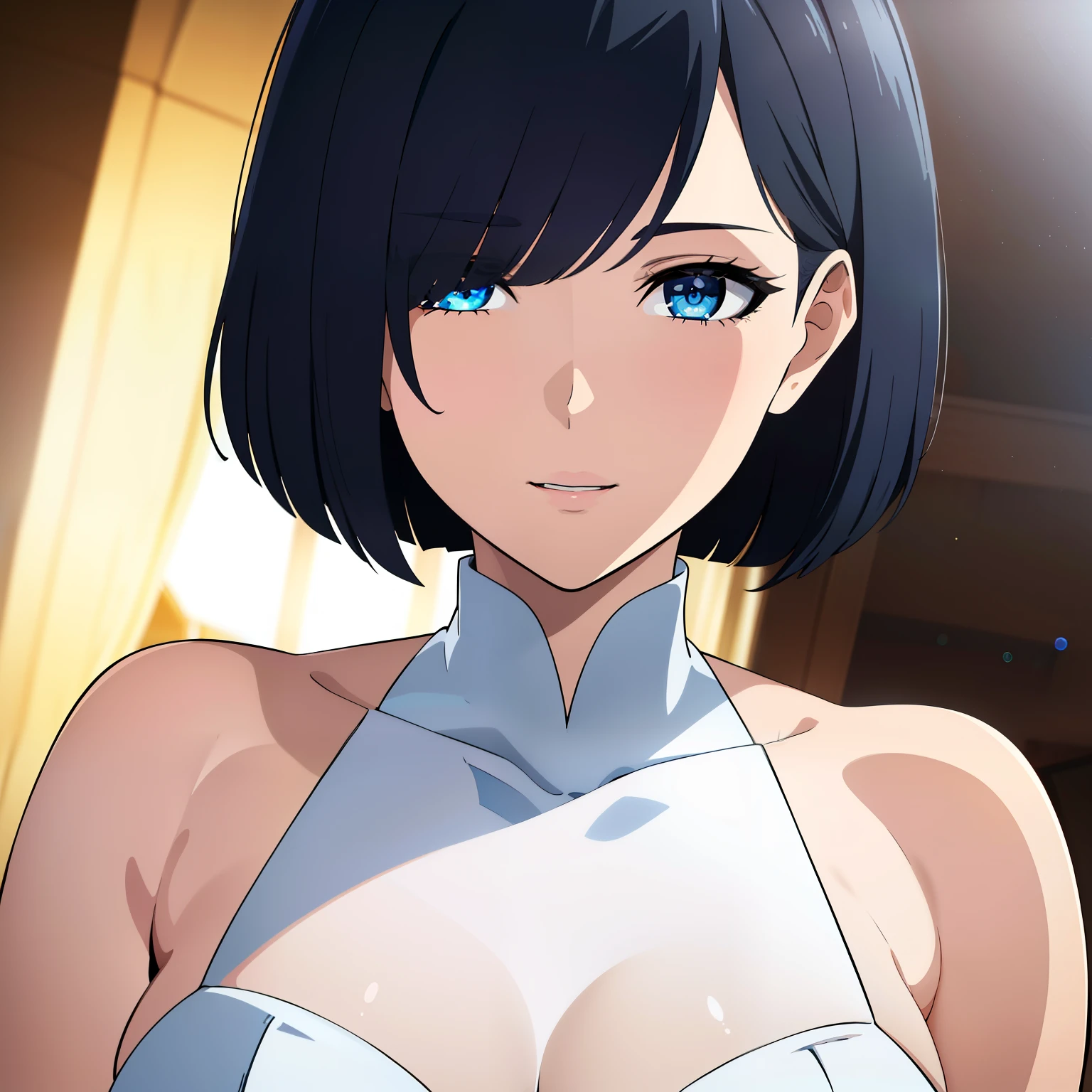 (best quality:1.5, highres, UHD, 4K, detailed lighting, shaders), black hair, bob cut, hair covering one eye, cool woman, cool girl, sharp eyes, blue eyes, beautiful, wedding background, wedding dress, (pov, close shot)