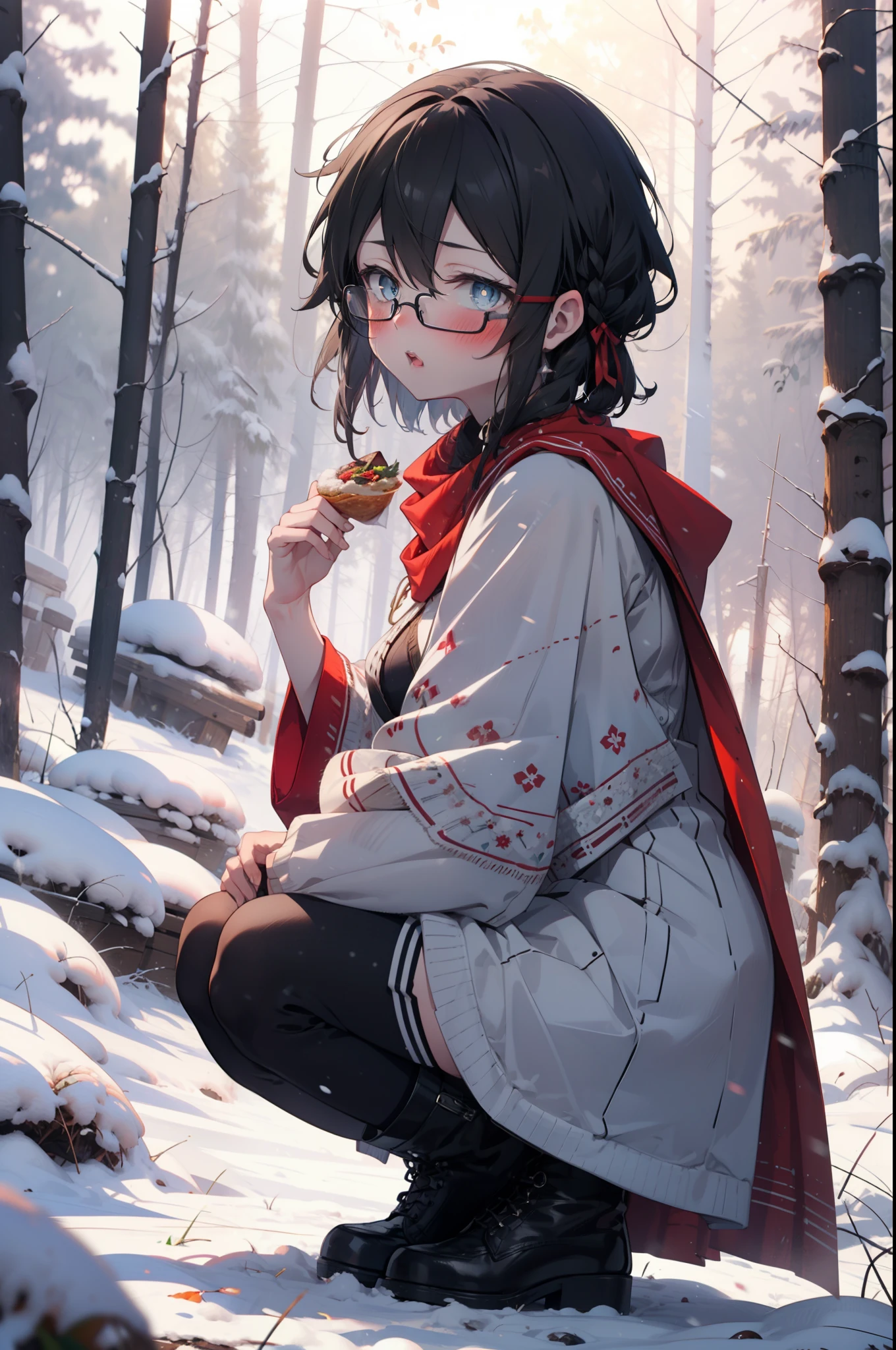 Shino Asada, Shino Asada, (black eye:1.5), Black Hair, Hair between the eyes, Hair Ribbon, short hair, Side Lock, Glasses, (Small breasts:1.2),blush,White Breath,
Open your mouth,snow,Ground bonfire, Outdoor, boots, snowing, From the side, wood, suitcase, Cape, Blurred, having meal, forest, White handbag, nature,  Squat, Mouth closed, Cape, winter, Written boundary depth, Black shoes, red Cape break looking at viewer, Upper Body, whole body, break Outdoor, forest, nature, break (masterpiece:1.2), highest quality, High resolution, unity 8k wallpaper, (shape:0.8), (Beautiful and beautiful eyes:1.6), Highly detailed face, Perfect lighting, Highly detailed CG, (Perfect hands, Perfect Anatomy),