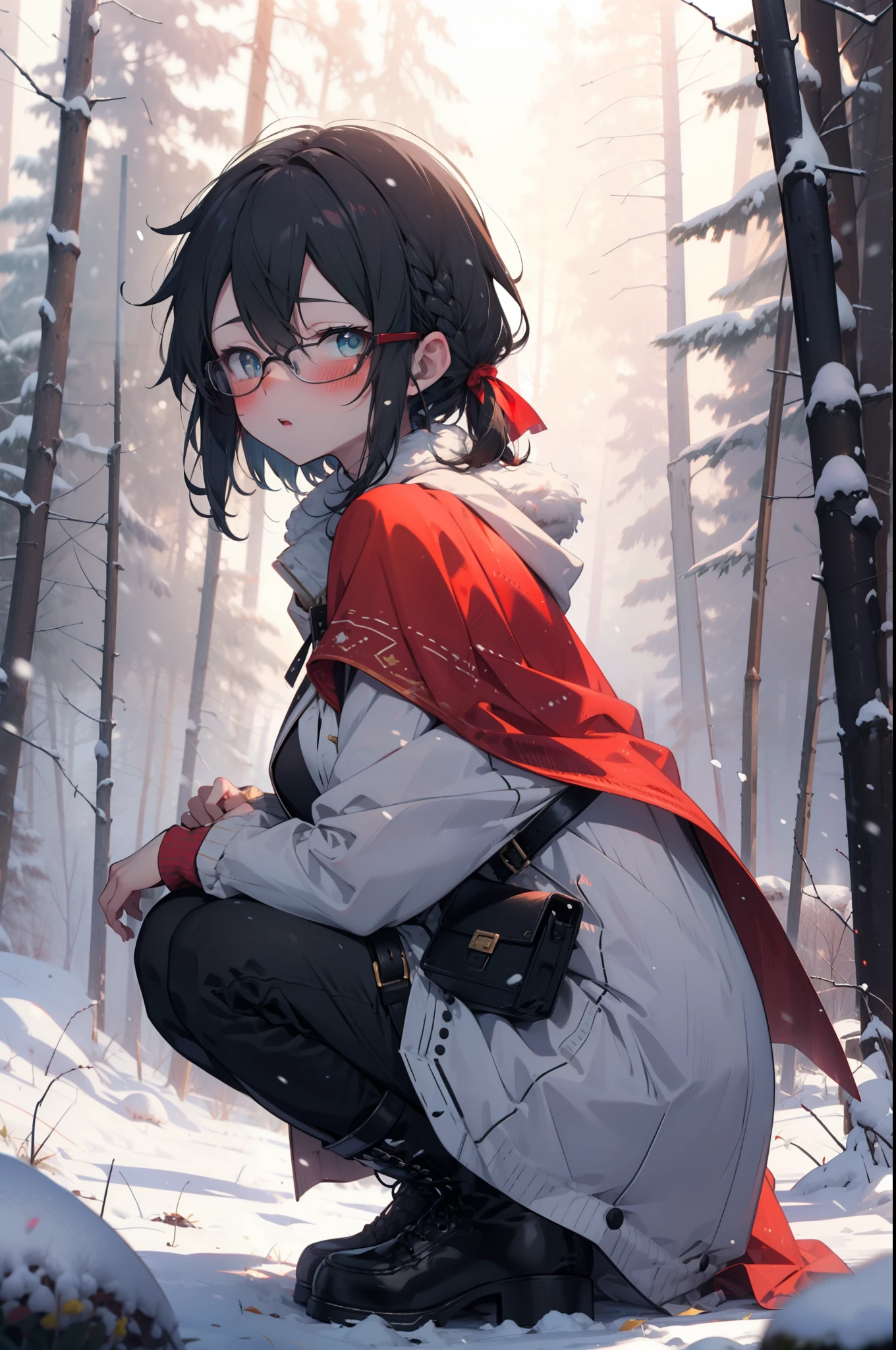 Shino Asada, Shino Asada, (black eye:1.5), Black Hair, Hair between the eyes, Hair Ribbon, short hair, Side Lock, Glasses, (Small breasts:1.2),blush,White Breath,
Open your mouth,snow,Ground bonfire, Outdoor, boots, snowing, From the side, wood, suitcase, Cape, Blurred, having meal, forest, White handbag, nature,  Squat, Mouth closed, Cape, winter, Written boundary depth, Black shoes, red Cape break looking at viewer, Upper Body, whole body, break Outdoor, forest, nature, break (masterpiece:1.2), highest quality, High resolution, unity 8k wallpaper, (shape:0.8), (Beautiful and beautiful eyes:1.6), Highly detailed face, Perfect lighting, Highly detailed CG, (Perfect hands, Perfect Anatomy),