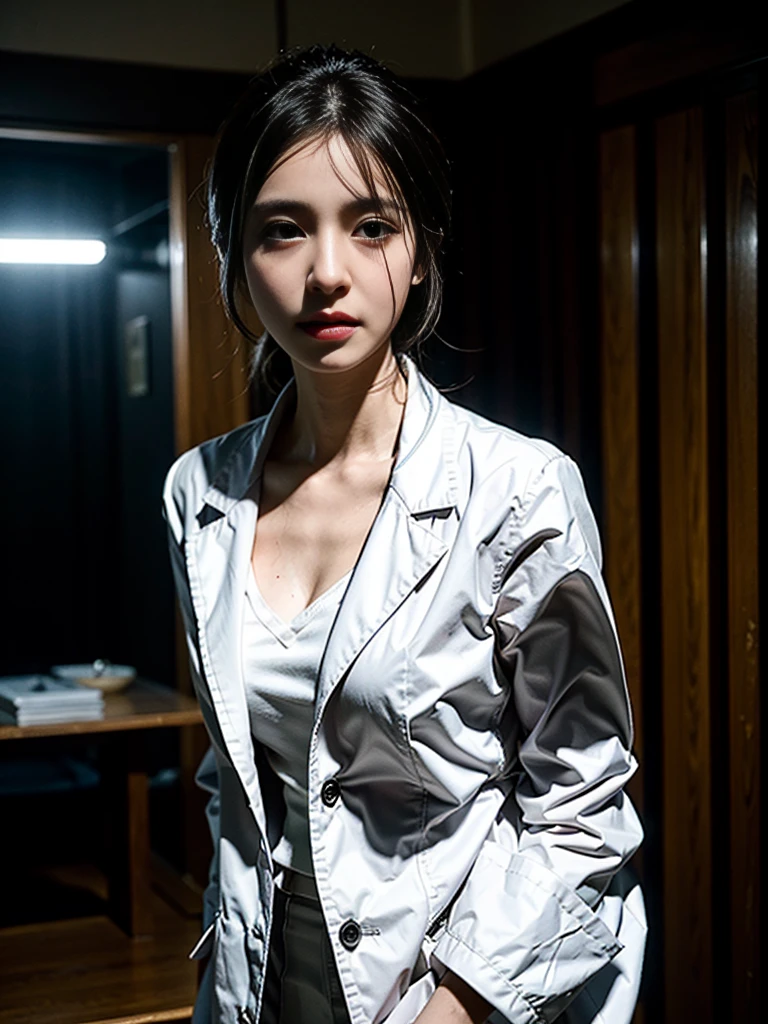 A female doctor，Wear a doctor's uniform，realisticlying，dynamic lights，Brush cut，Thin stature，cleavage，full shoot，（Highly detailed CG Unity 8k wallpaper），high detal，tack sharp focus，dramatic，eye bags，eyeslashes，Photoreality