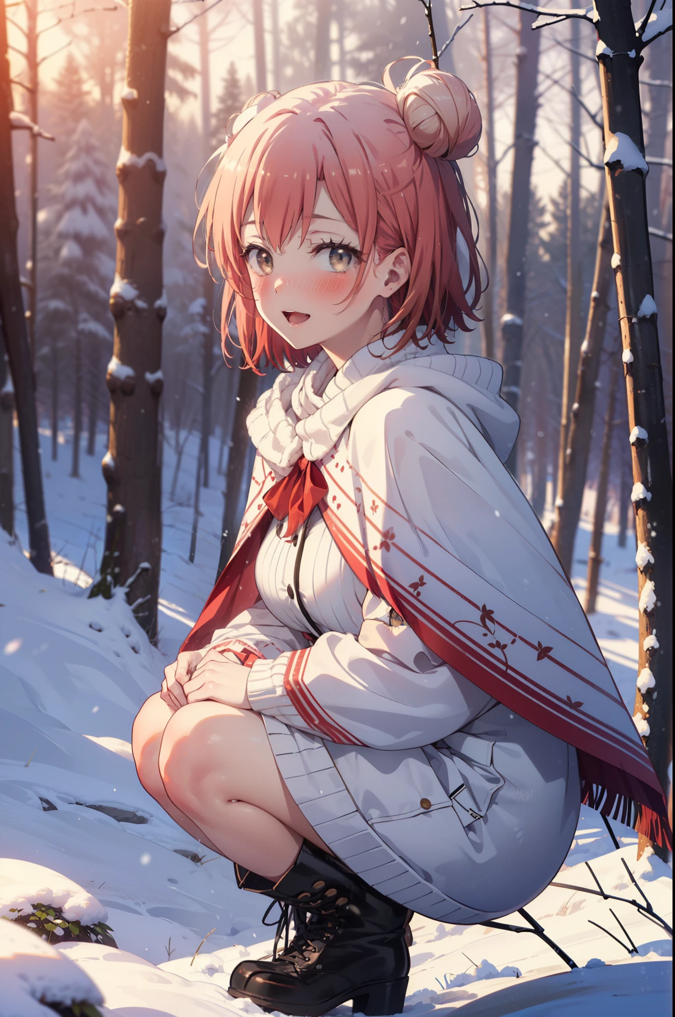 yuiyuigahama, yui yuigahama, short hair, (Brown eyes:1.5), (Pink Hair:1.2), Hair Bun, single Hair Bun, smile, (Big Breasts:1.2),smile,blush,White Breath,
Open your mouth,snow,Ground bonfire, Outdoor, boots, snowing, From the side, wood, suitcase, Cape, Blurred, forest, White handbag, nature,  Squat, Mouth closed,Cape, winter, Written boundary depth, Black shoes, red Cape break looking at viewer, Upper Body, whole body, break Outdoor, forest, nature, break (masterpiece:1.2), highest quality, High resolution, unity 8k wallpaper, (shape:0.8), (Beautiful and beautiful eyes:1.6), Highly detailed face, Perfect lighting, Highly detailed CG, (Perfect hands, Perfect Anatomy),