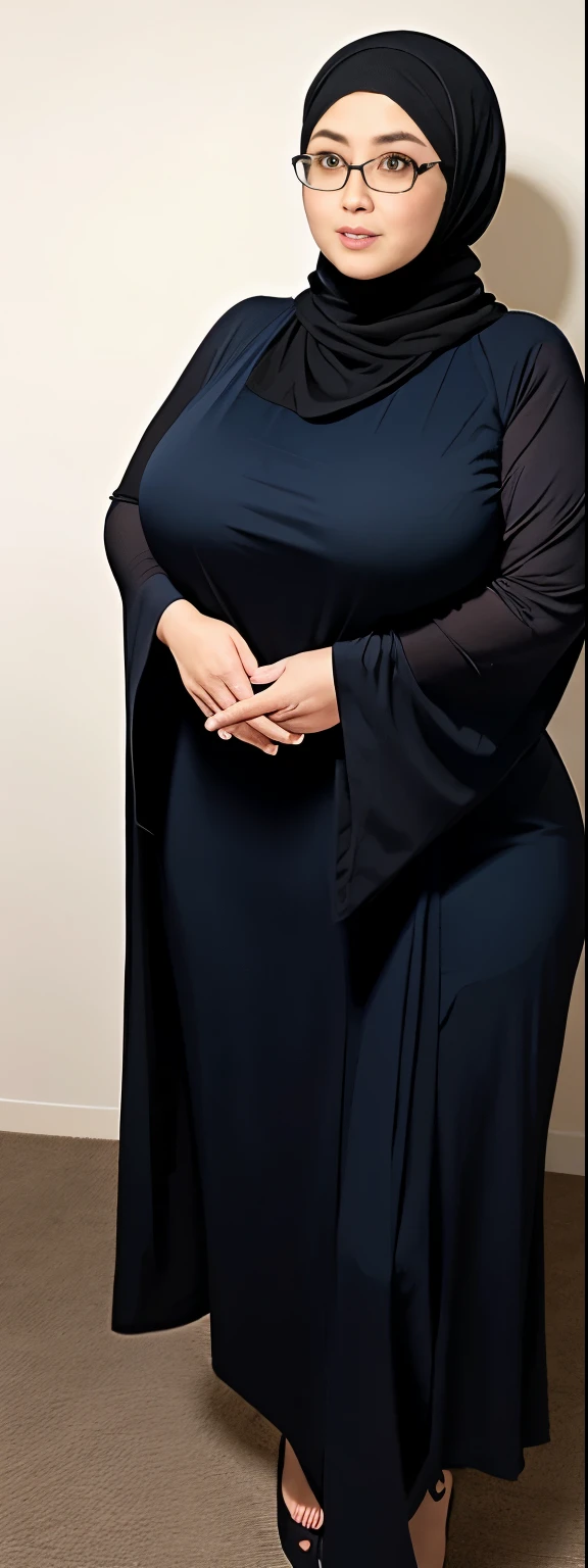 Chubby woman with fat belly and tight thighs, full body, 50-year-old mature woman, thick hips, thick neck, thick chest, big eyes, wearing a longest dress, wearing a hijab, hijabi woman, minako komukai, glasses 