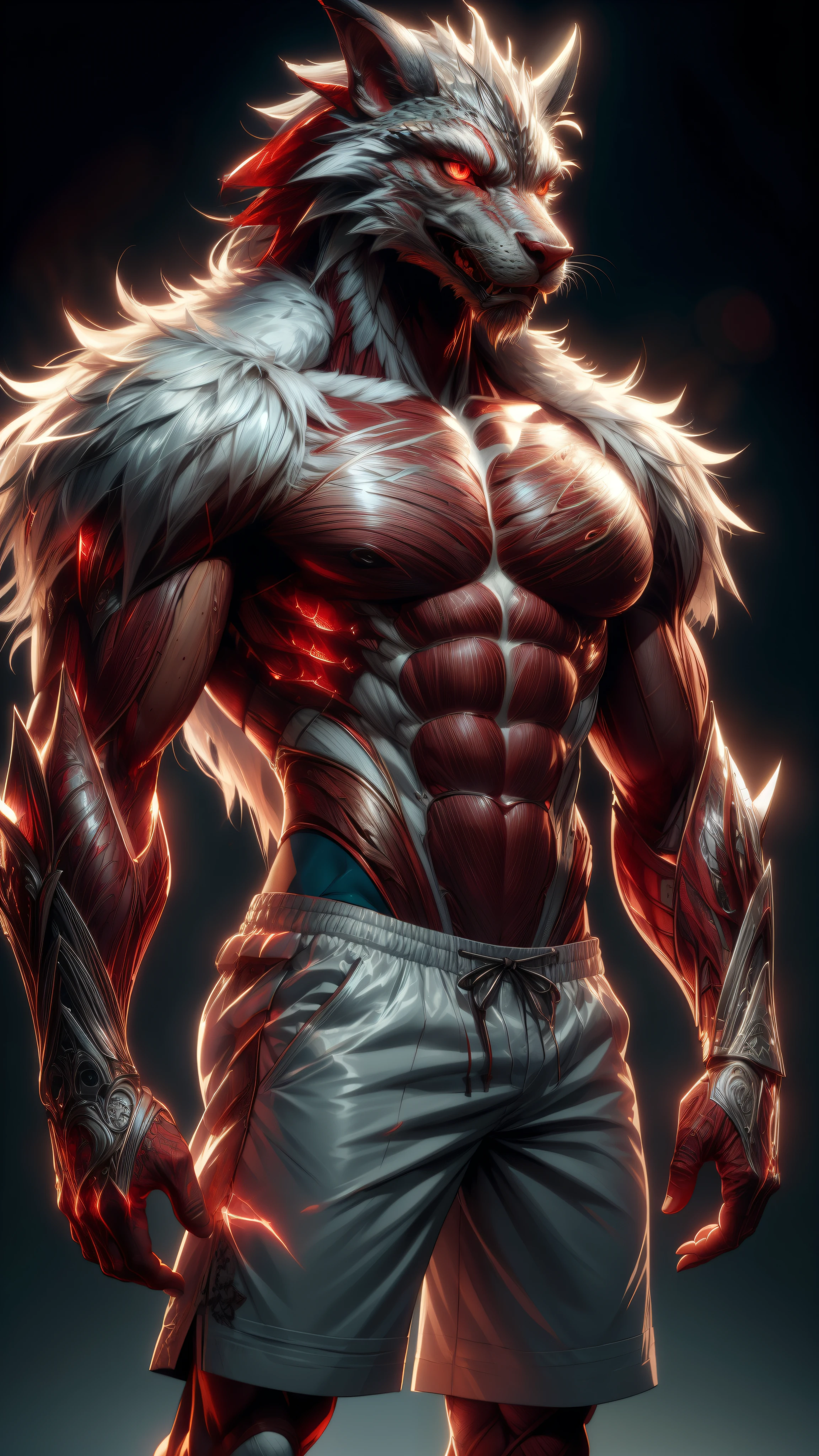 4K, high resolution, Best quality, Masterpiece, perfect colors, perfectly shaded, Perfect lighting, posted on e621, (by Chunie),, anthro, Furry art, majestic dragon, scutes,Bicolor scales,Silvery hair,Smooth body, red color eyes, Perfect male bodyPerfect male figure, Wear men's shorts,Abs,musculature,Detailed fur, Detailed face, Perfect face, (The stands up), Detailed background, ((Bonifasko lighting)), coda, (Detailed eyes), perfect pupils