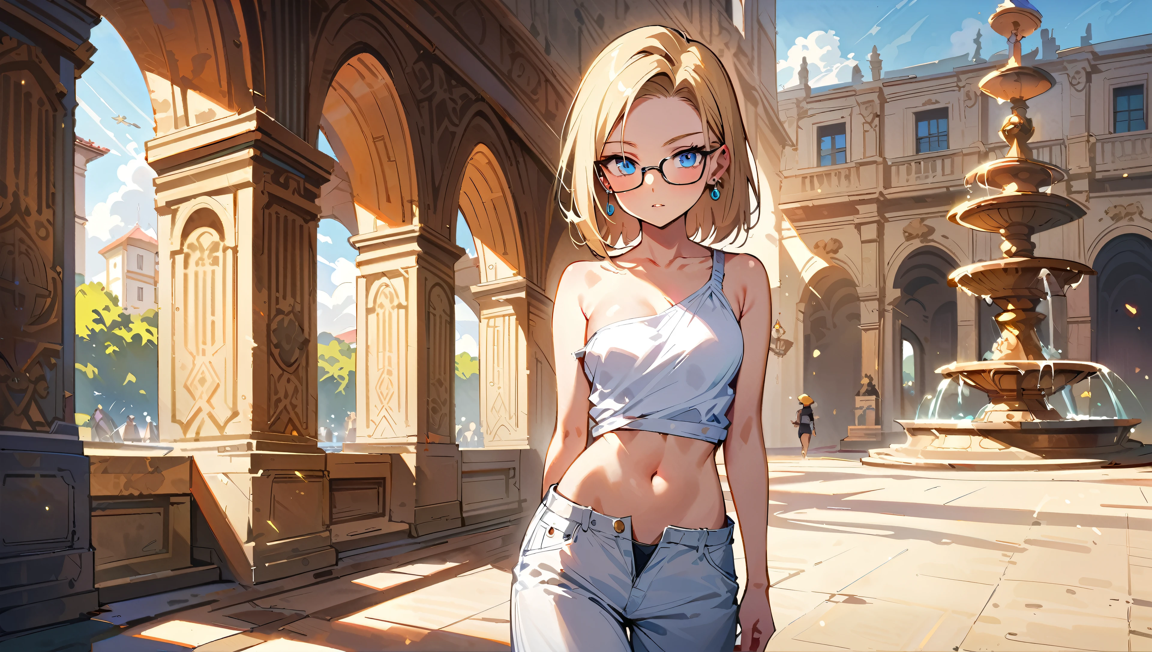 (masterpiece, best quality:1.2), cowboy shot, solo, Android 18 from Dragon Ball, collarbone, , ((slip-on one-shoulder crop top)), (light gray top:1.2), no jacket, midriff-baring, navel, ((white baggy pants with one button ue)), skimpy thong swimsuit, small breasts, shode hair loose, ((blue eyes)), ((wearing glasses)), earrings on earlobes, slender feminine figure, narrow waistline, skinny body, (plane black cap), (cap without logo), beach sandals, sunlight, walking, looking at viewer, light blush, arms behind back, Valletta's large Triton Fountain, baroque architectural style, natural lighting and shadows, blur background,4K
