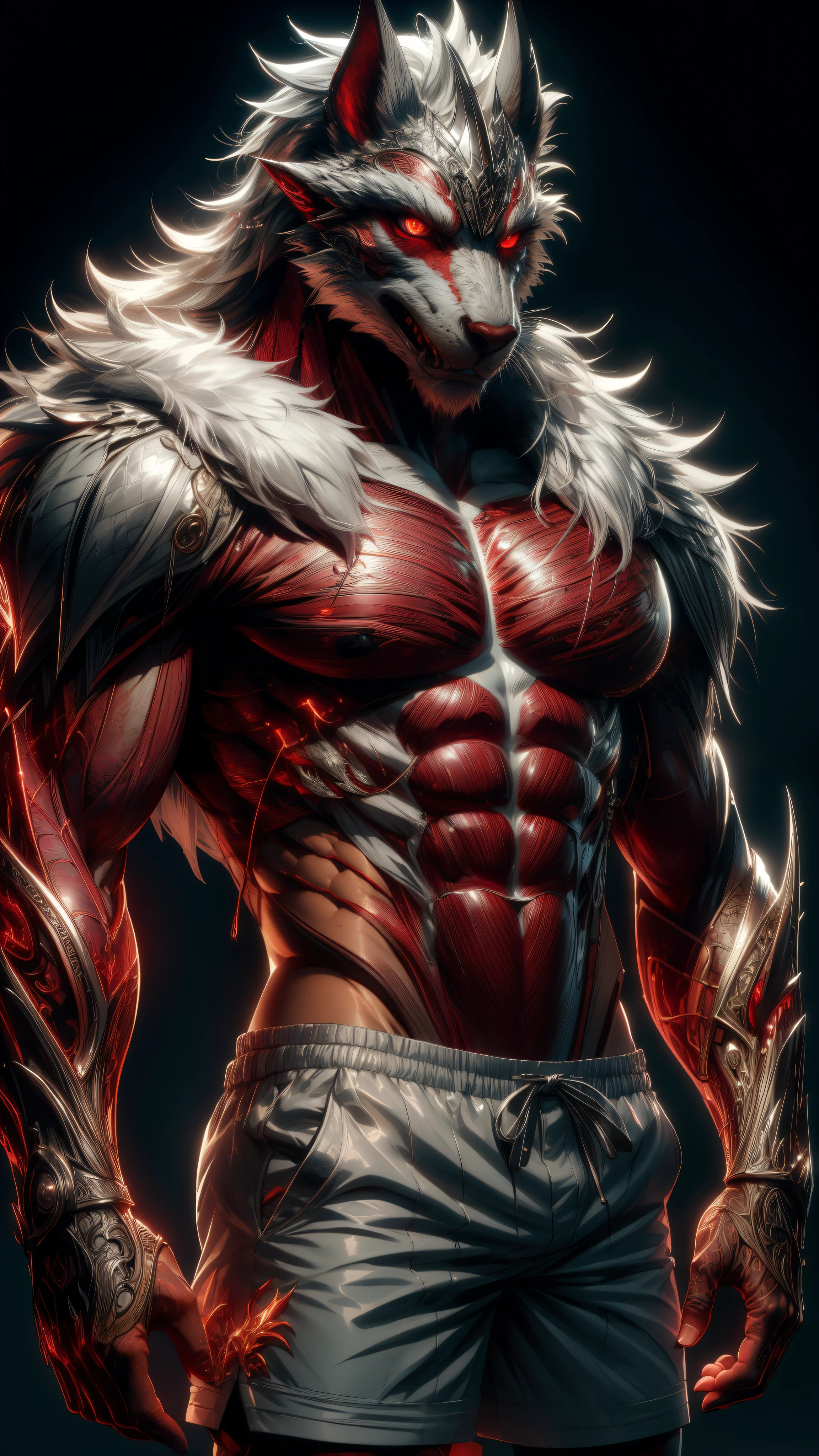 4K, high resolution, Best quality, Masterpiece, perfect colors, perfectly shaded, Perfect lighting, posted on e621, (by Chunie),, anthro, Furry art, majestic dragon, scutes,Bicolor scales,Silvery hair,Smooth body, red color eyes, Perfect male bodyPerfect male figure, Wear men's shorts,Abs,musculature,Detailed fur, Detailed face, Perfect face, (The stands up), Detailed background, ((Bonifasko lighting)), coda, (Detailed eyes), perfect pupils