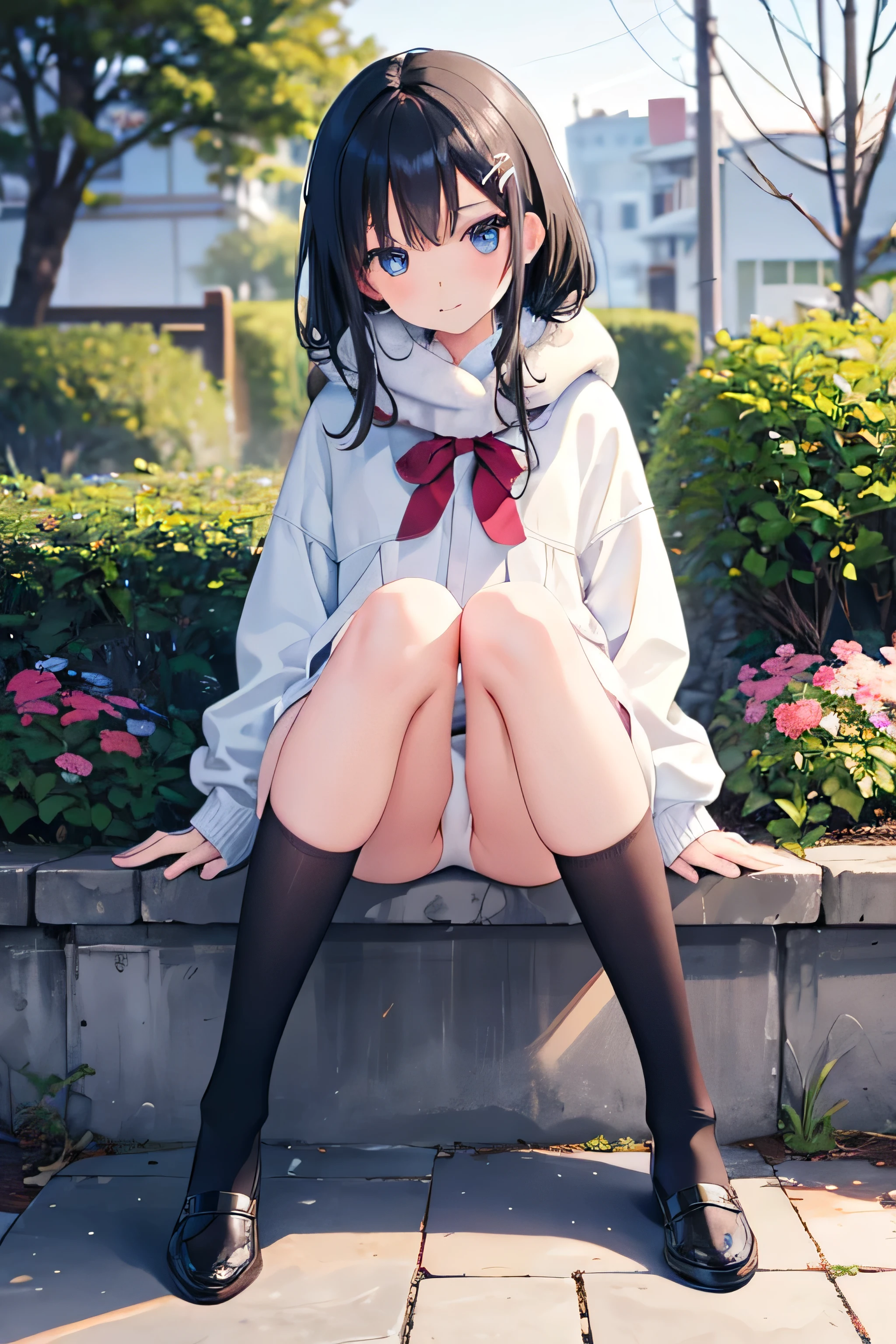 Best Quality, Highly Detailed, nsfw,8k,Japanese,,Innocent face,Teenage Girle,Winter clothes,Casual wear,Sitting,Black Hair,garden,Hair Clip,White panties,(((With legs apart)))