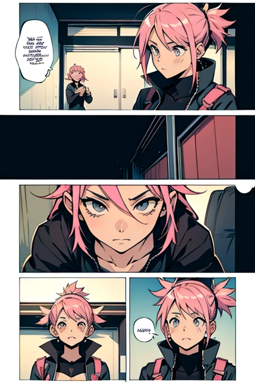 Crazy girl with pink hair surprising people , manga page with panels and dialogue