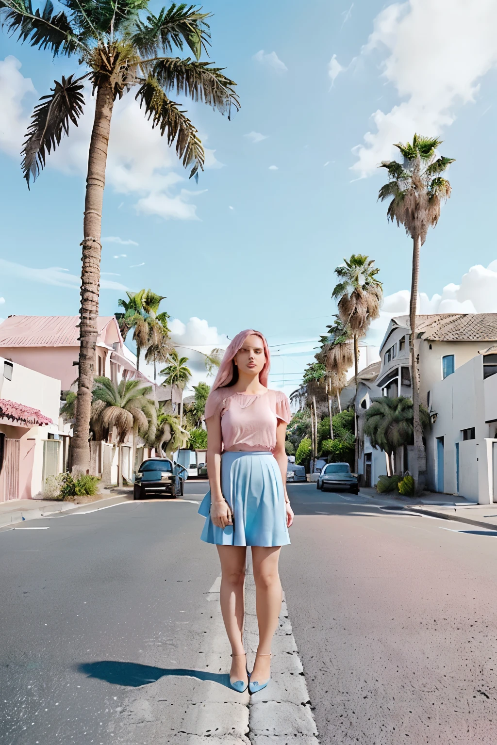 A beautiful woman in a light pink dress, wearing a black skirt, stands in the middle of the street with light blue fields and palm trees growing in the afternoon.