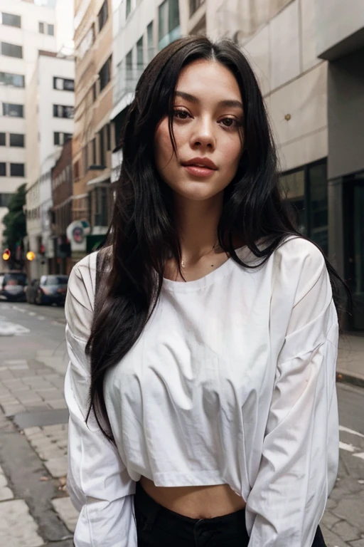Girl with black long hair, in a white shirt 