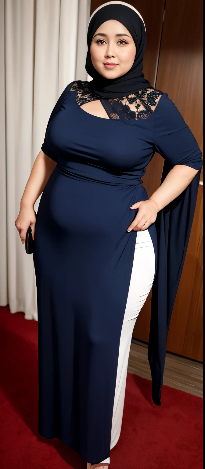 Chubby woman with fat belly and tight thighs, full body, 50-year-old mature woman, thick hips, thick neck, thick chest, big eyes, wearing a longest dress, wearing a hijab, hijabi woman