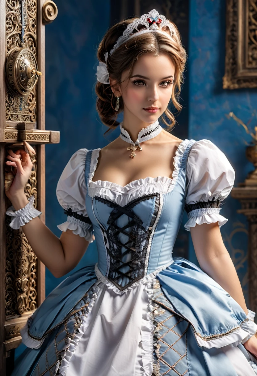 In a popular RPG game, the character controlled by the player is a maid working in a fantasy castle, dressed in the game's unique cute maid costume, weaving through maze like corridors, completing various tasks and challenges, (masterpiece, best quality, Professional, perfect composition, very aesthetic, absurdres, ultra-detailed, intricate details:1.3)