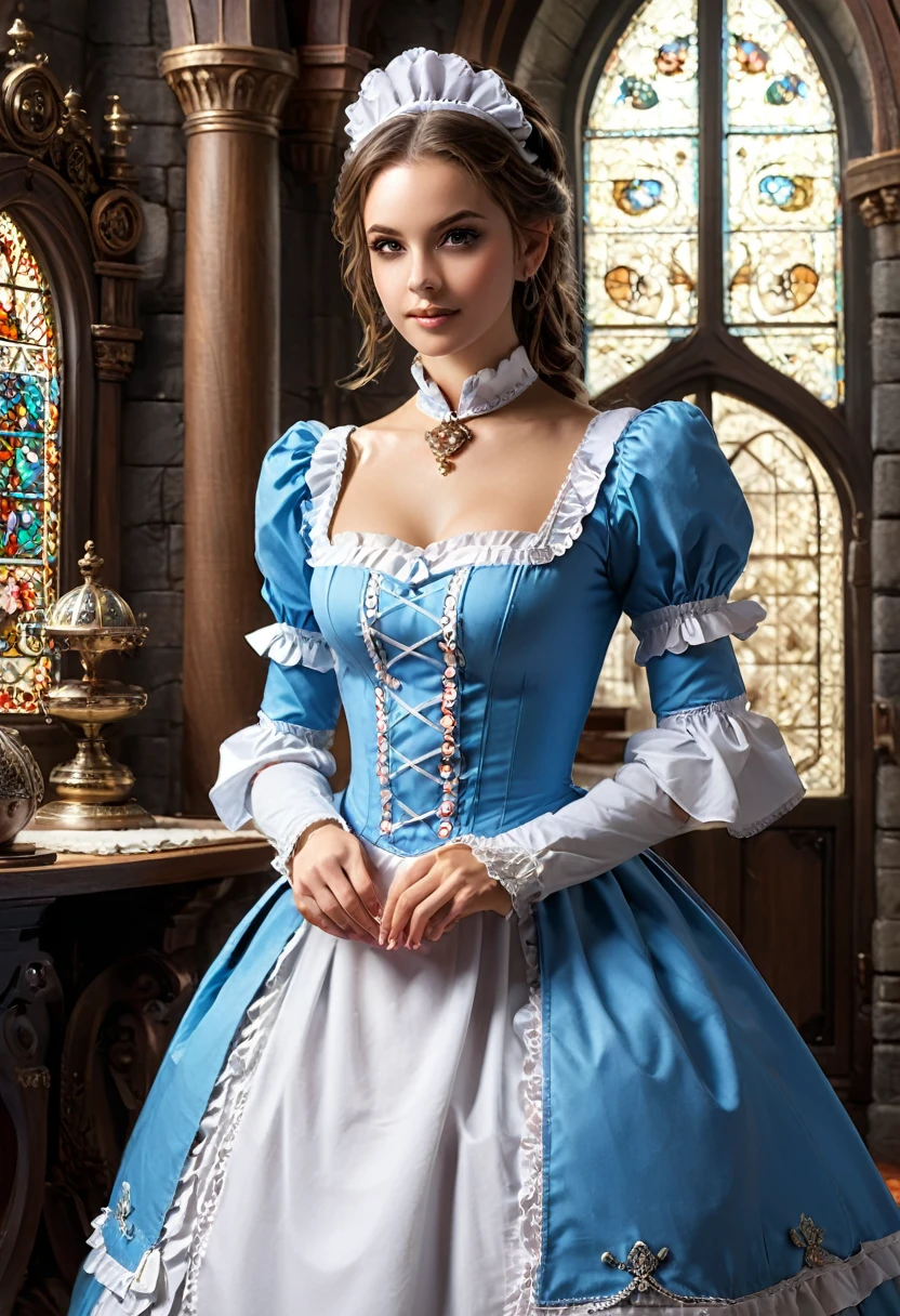 In a popular RPG game, the character controlled by the player is a maid working in a fantasy castle, dressed in the game's unique cute maid costume, weaving through maze like corridors, completing various tasks and challenges, (masterpiece, best quality, Professional, perfect composition, very aesthetic, absurdres, ultra-detailed, intricate details:1.3)