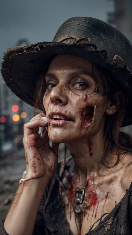 A older zombie woman,looking at and holding a decaying right hand with har left hand, suprise look on her face, long brown hair, wavy hair, missing left eye, (skull face), (decay skin), (raw skin), ((Decay skin)), ((skull face)), dreary, magnificent, fog, low key, at night, ((RAW photo, 4K, Realistic, Exquisitely Detailed Skin)), Masterpiece, Best quality, offcial art, Unity 8k wallpaper, Ultra detailed , (detaile zombie face),((bloody mouth)), rincled skin, (decay skin), ((pealing off skin decay)),((detailed skull under skin)), detailed decay skin, looking at the left arm on her right hand, ((grey long beard)), dirty red and black flannel shirt, old black cowboy hat, ((cowboy hat)), masterpiece, best quality, extremely detailed eyes, cinematic lightning, intricate detail, highres, official art, finely detailed face, high resolution illustration, 8k, depth of field, ((zombie)), detailed brown eyes, chaotic city, upper body, profile, post apocalyptic background, zombie decay skin, detailed face decay, decay, terror,((skull decay face)) scary looking, extremely detailed eyes, extremely realistic photo, (((bloody mouth)))