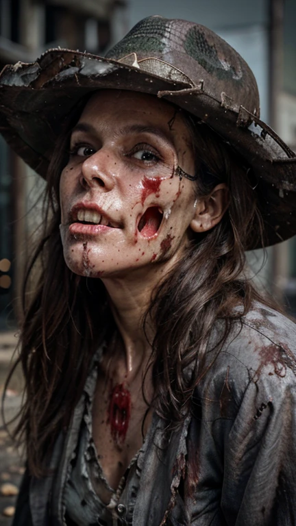 A older zombie woman,looking at and holding a decaying right hand with har left hand, suprise look on her face, long brown hair, wavy hair, missing left eye, (skull face), (decay skin), (raw skin), ((Decay skin)), ((skull face)), dreary, magnificent, fog, low key, at night, ((RAW photo, 4K, Realistic, Exquisitely Detailed Skin)), Masterpiece, Best quality, offcial art, Unity 8k wallpaper, Ultra detailed , (detaile zombie face),((bloody mouth)), rincled skin, (decay skin), ((pealing off skin decay)),((detailed skull under skin)),  detailed decay skin, looking at the left arm on her right hand, ((grey long beard)), dirty red and black flannel shirt, old black cowboy hat, ((cowboy hat)), masterpiece, best quality, extremely detailed eyes, cinematic lightning, intricate detail, highres, official art, finely detailed face, high resolution illustration, 8k, depth of field, ((zombie)), detailed brown eyes, chaotic city, upper body, profile, post apocalyptic background,  zombie decay skin, detailed face decay, decay, terror,((skull decay face)) scary looking, extremely detailed eyes, extremely realistic photo, (((bloody mouth)))