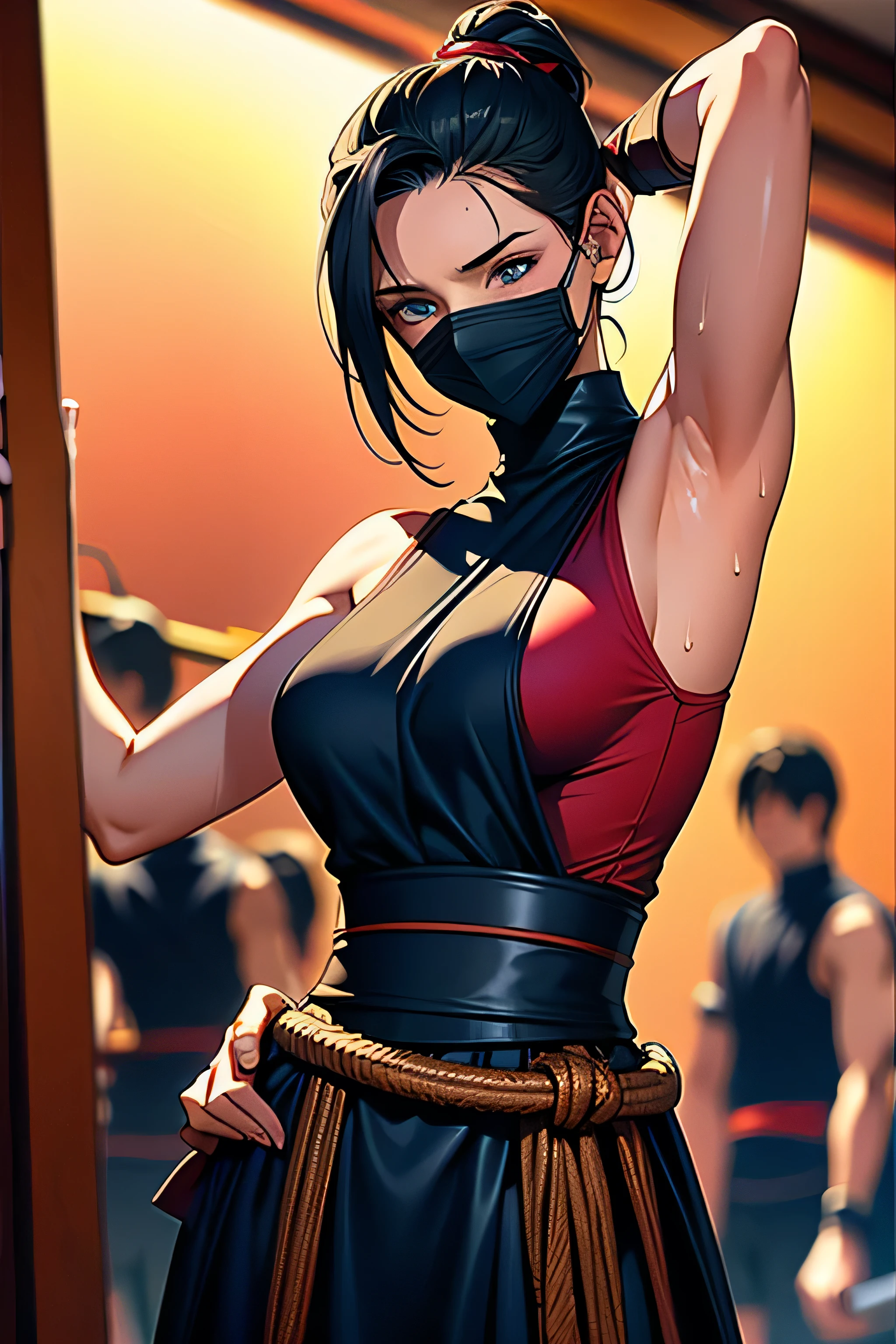 (masterpiece), (highest quality), (Super Detail), (Disheveled Hair), (shape), (One Girl), (whole body), (Stylishly decorated ninja costume), Leather Armlets, night、Standing in the hallway, Dagger on hip, Japan with a sword on your back, Holding a kunai in the hand, Preparing to attack,arms up,armpits, armpits,sweat,sweaty,sweaty armpits,awesome armpits,sweating ,sleeveless,exhausted,tired, wearing arm bands,arms raised,very tired,sweating,arms raised,both arms raised,sweaty,red arm warmers,red arm bands,bluish black mask