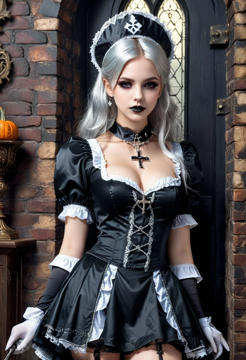 At a Halloween  with the theme of "alternative professional role-playing", a young woman dressed in a creative black Gothic maid outfit paired with a silver cross necklace added a mysterious and alluring touch to the , (masterpiece, best quality, Professional, perfect composition, very aesthetic, absurdres, ultra-detailed, intricate details:1.3)