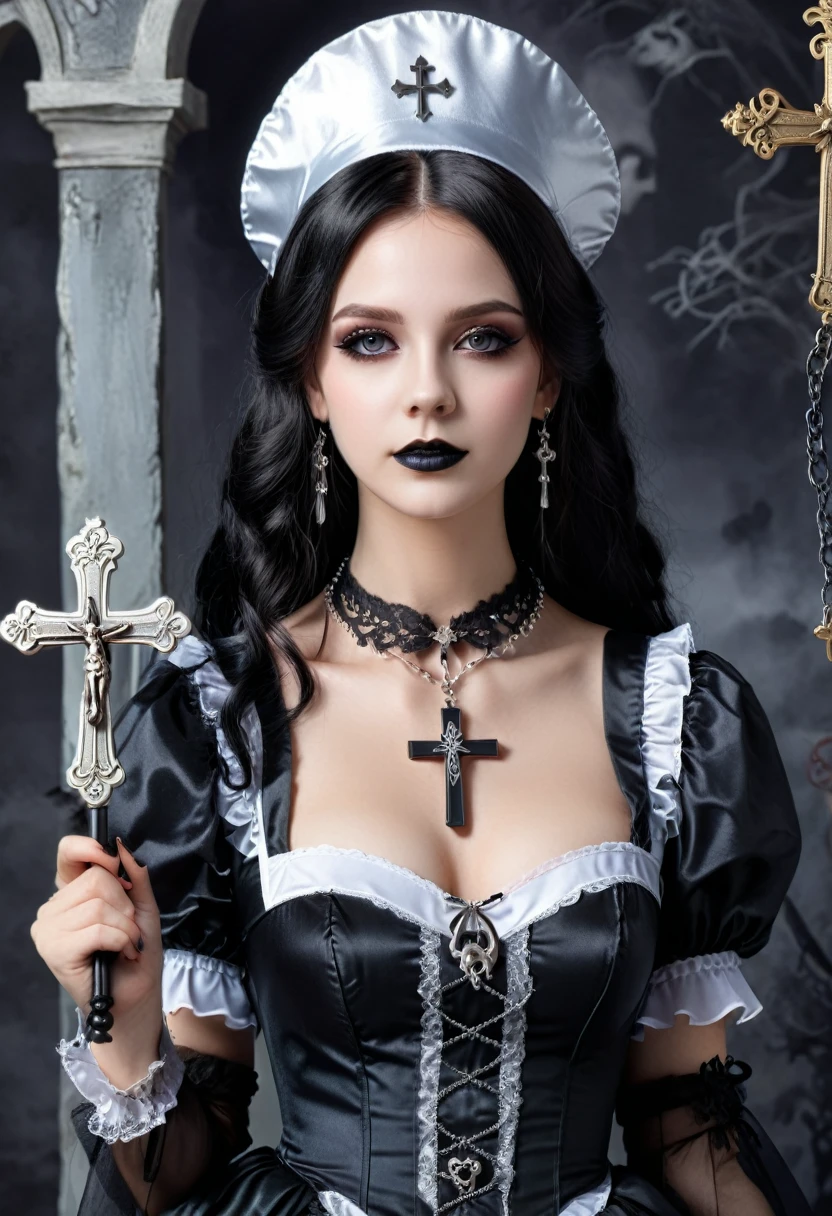 At a Halloween  with the theme of "alternative professional role-playing", a young woman dressed in a creative black Gothic maid outfit paired with a silver cross necklace added a mysterious and alluring touch to the , (masterpiece, best quality, Professional, perfect composition, very aesthetic, absurdres, ultra-detailed, intricate details:1.3)