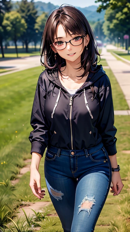 A girl is posing for a photo, cute女の子, Enchanting girl, Anime Girls, 

(Black Hair, Forehead、Long Straight Hair), (Red eyes, Very droopy eyes), break 
(((A thick parka with a flashy design、Black distressed jeans、sneakers)))、Red-rimmed glasses、Blue earrings、Black Nails、

(((highest quality)), ((masterpiece)), (Very detailed), (High resolution), (Beautiful detailed sparkle), (High detail), (Anatomically correct)), ((Realistic)), ((The best CG)), Ultra-detailed art, CG illustration, 16k, 1080P, Oil paints:1.2,   

(((One Girl))), 
(Symmetrical facial features, Perfect Face), Beautiful clavicle, (Beautiful fingers), (Beautiful breasts, (Ｃcup)), 
Beautiful body, Beautiful thighs, Beautiful feet, Perfect round butt, (((Detailed skin, Oily skin, Textured skin, Beautiful Skin))), 

(((Baby Face, cute, 16 years old))), Double eyelids, Long eyelashes, 
(Expression of fine eyes, Beautiful and delicate eyes, Sparkling eyes, Eye Reflexes), 
(Beautiful Nose,Thin Nose), 
(Glossy Lips, Beautiful Lips, thick lips), 

(Beautiful Hair, Shiny Hair, Shiny Hair)), 

(Wicked Smile),  
BREAK 

(noon、(Ground、grass)), ((Walking、Cowboy Shot))
